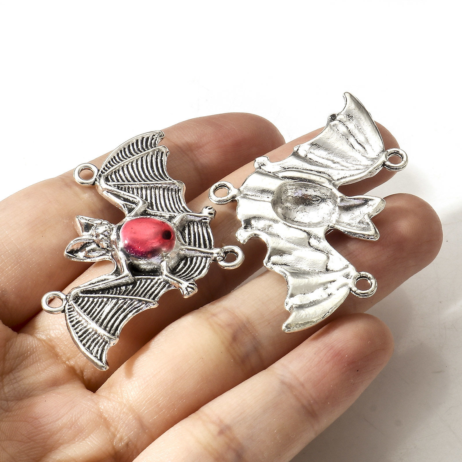 Изображение Цинковый Сплав Хэллоуин Соединители Подвески Подвески фурнитуры Хэллоуин Летучая мышь Античное Серебро Красный С Эмалью 4.8см x 3см, 5 ШТ