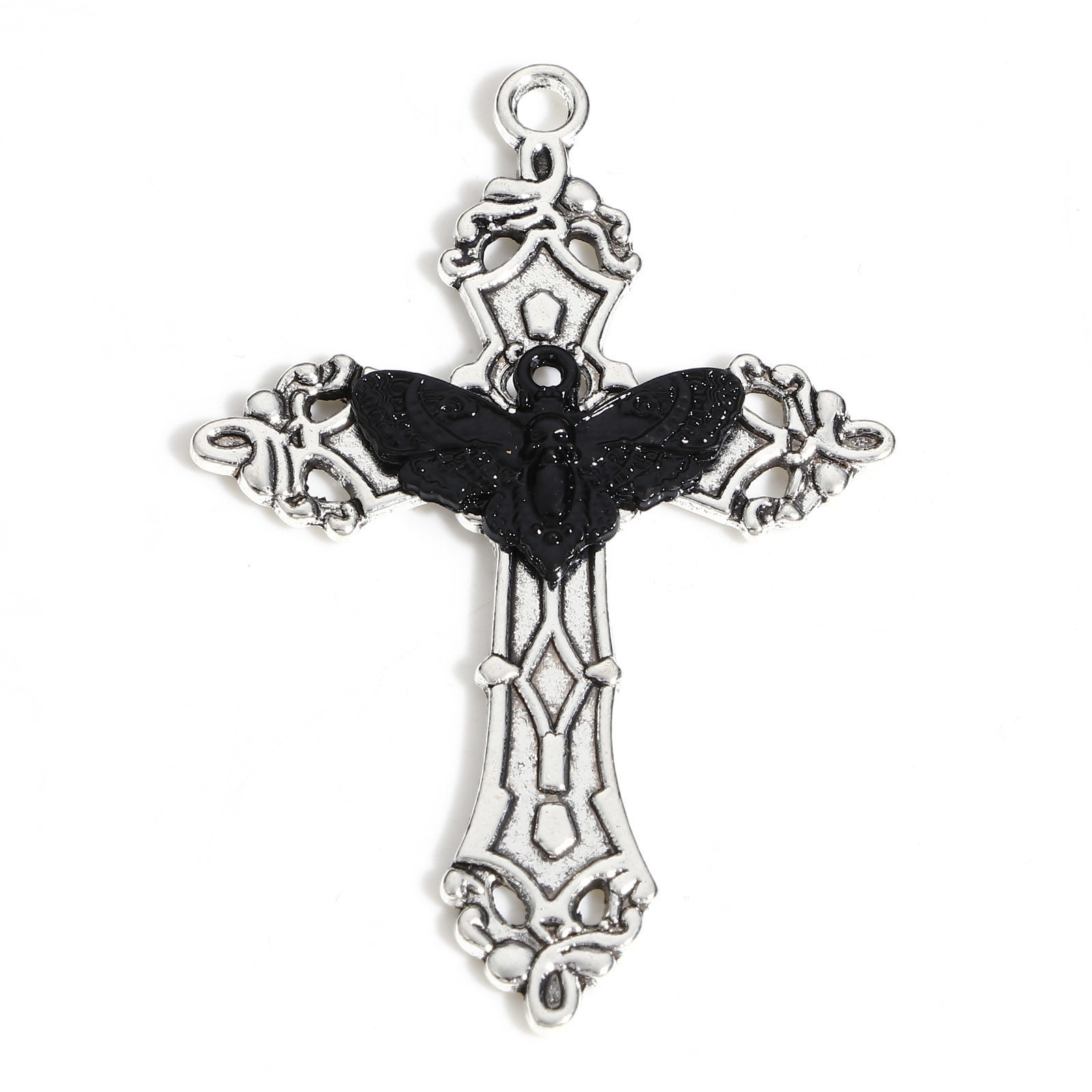 Picture of Zinc Based Alloy Pendants Antique Silver Color Black Cross Moth 5.5cm x 3.6cm, 5 PCs