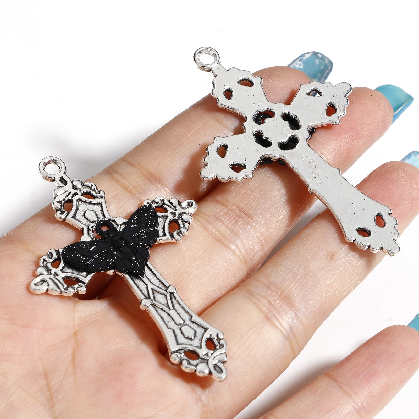 Picture of Zinc Based Alloy Pendants Antique Silver Color Black Cross Moth 5.5cm x 3.6cm, 5 PCs