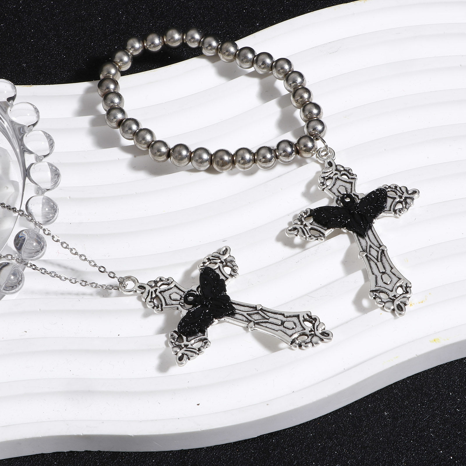 Picture of Zinc Based Alloy Pendants Antique Silver Color Black Cross Moth 5.5cm x 3.6cm, 5 PCs