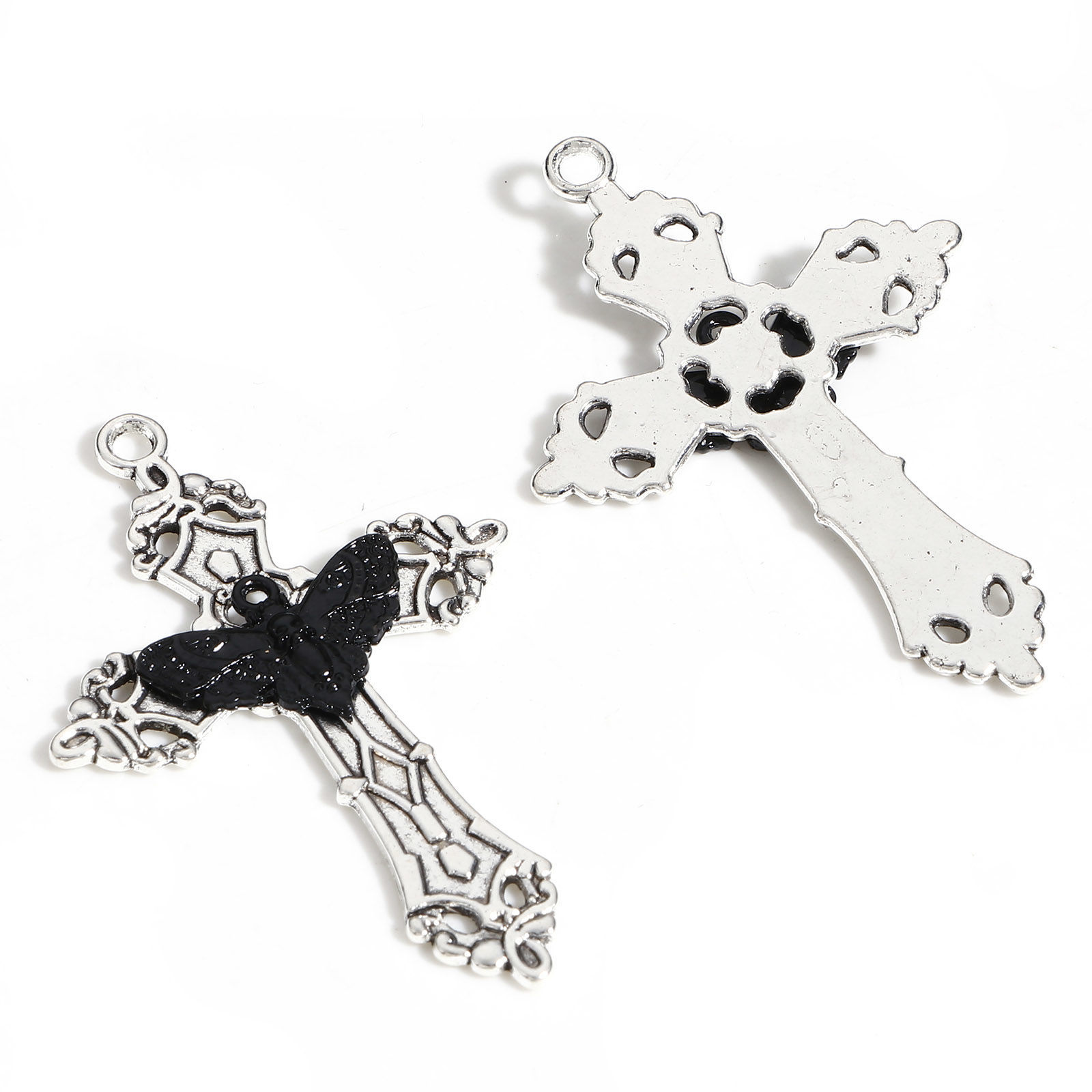 Picture of Zinc Based Alloy Pendants Antique Silver Color Black Cross Moth 5.5cm x 3.6cm, 5 PCs
