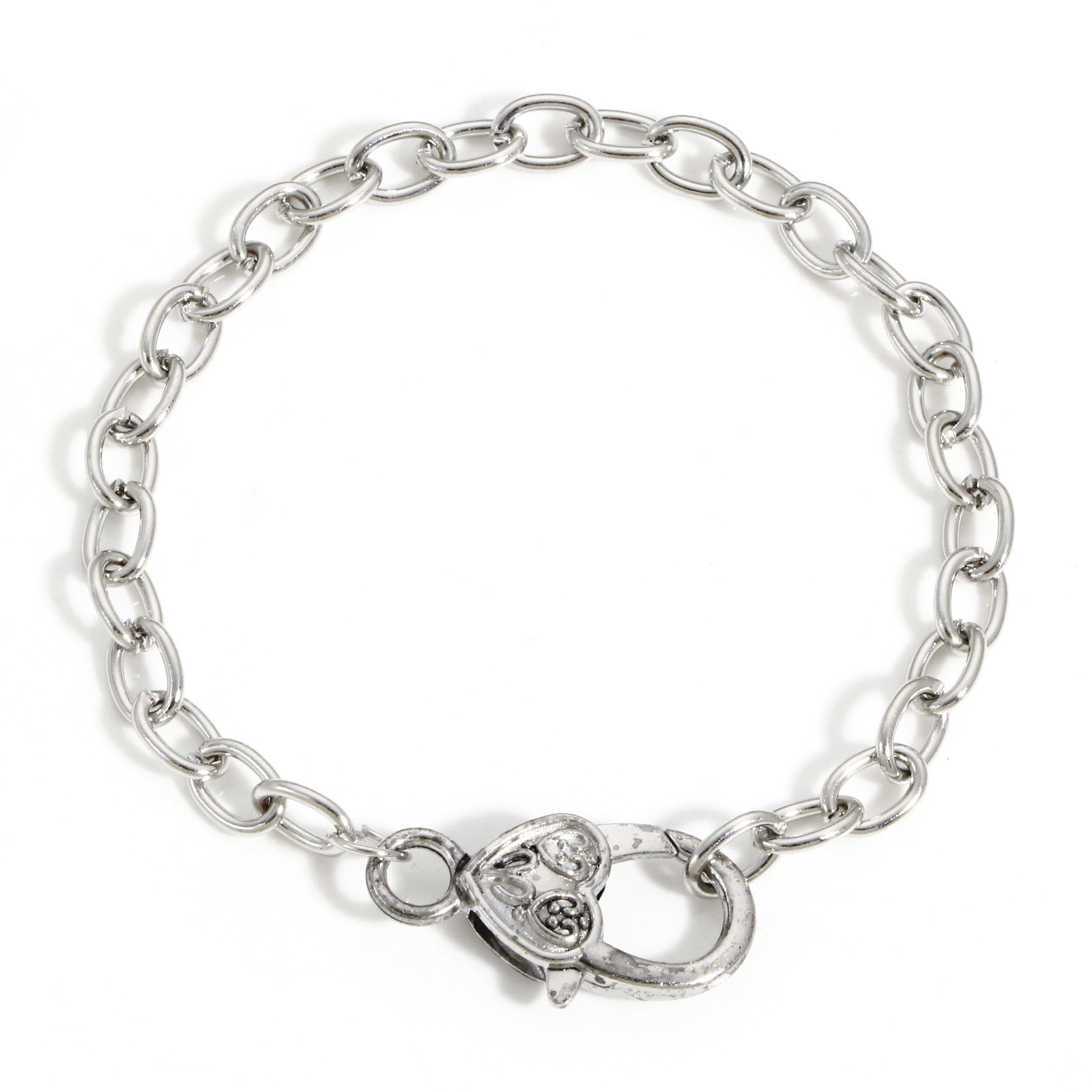 Picture of 5 PCs Link Cable Chain Lobster Clasp Bracelets Heart Silver Tone & Antique Silver Color 20cm(7 7/8") long