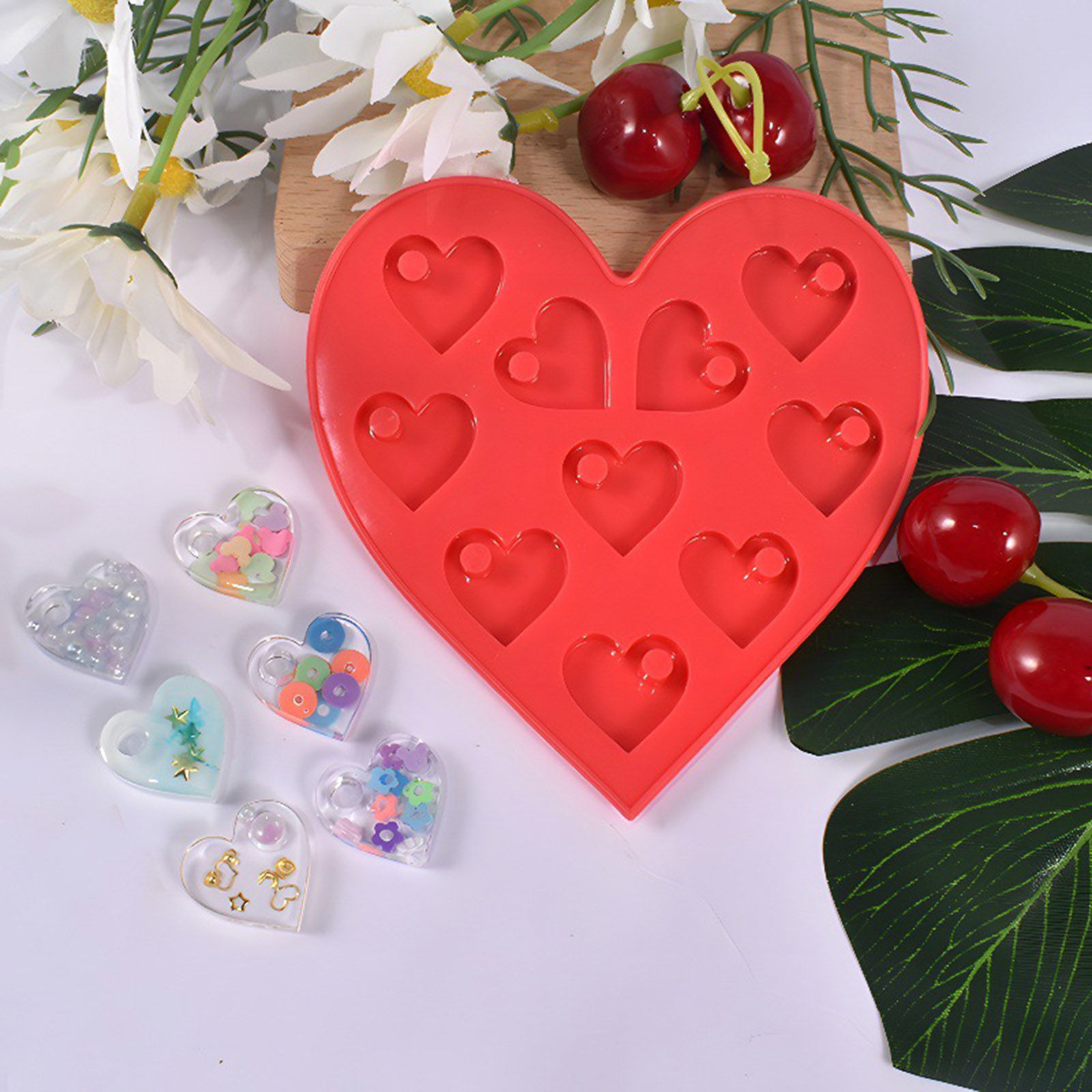 Picture of 1 Piece Silicone Valentine's Day Resin Mold For Keychain Necklace Earring Pendant Jewelry DIY Making Heart Red 11cm x 10.5cm