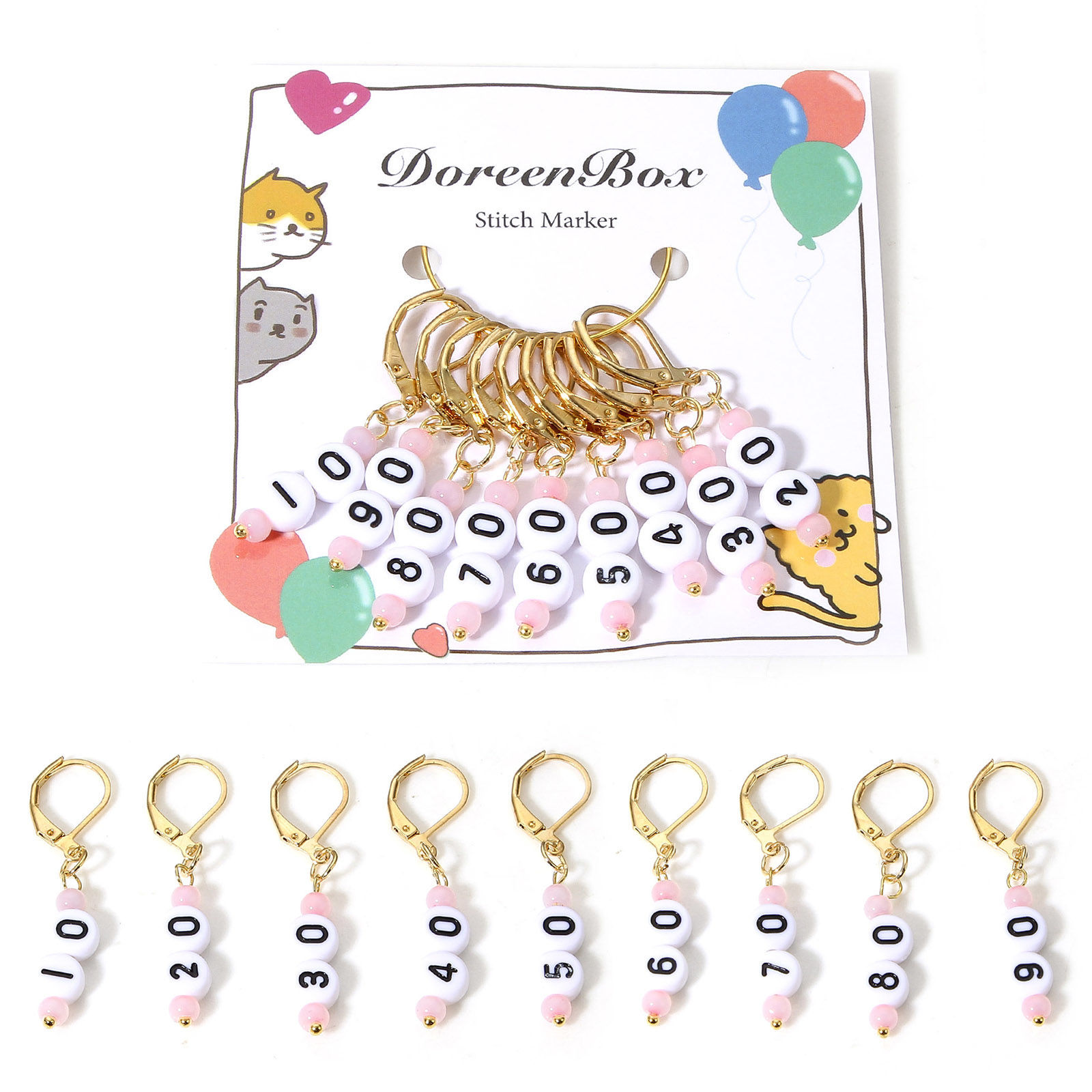 Image de 1 Kit ( 9PCs/Kit) Marqueur de Maille en Verre & Acrylique Plaqué Or KC Chiffres 4.2cm x 0.7cm