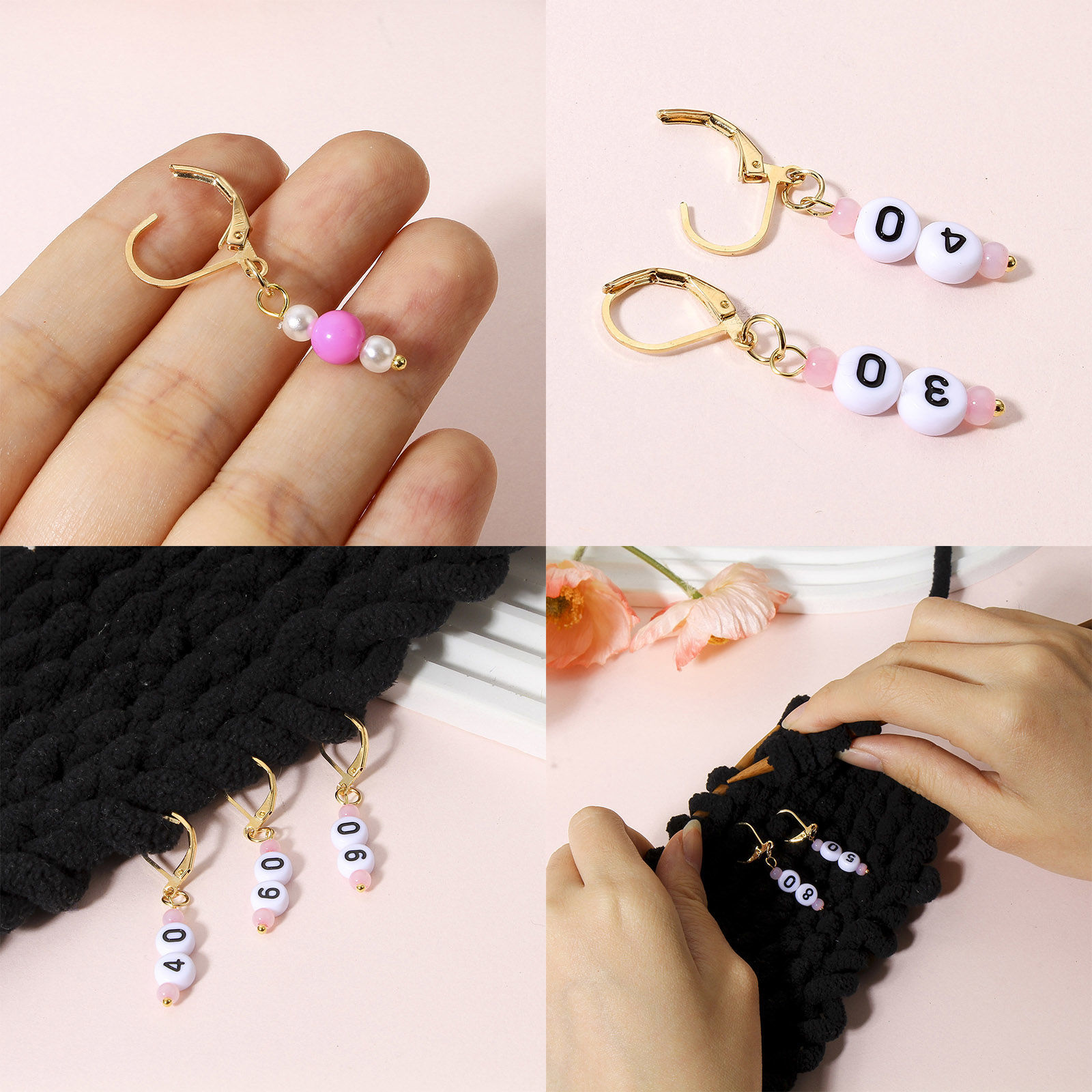 Image de 1 Kit ( 9PCs/Kit) Marqueur de Maille en Verre & Acrylique Plaqué Or KC Chiffres 4.2cm x 0.7cm