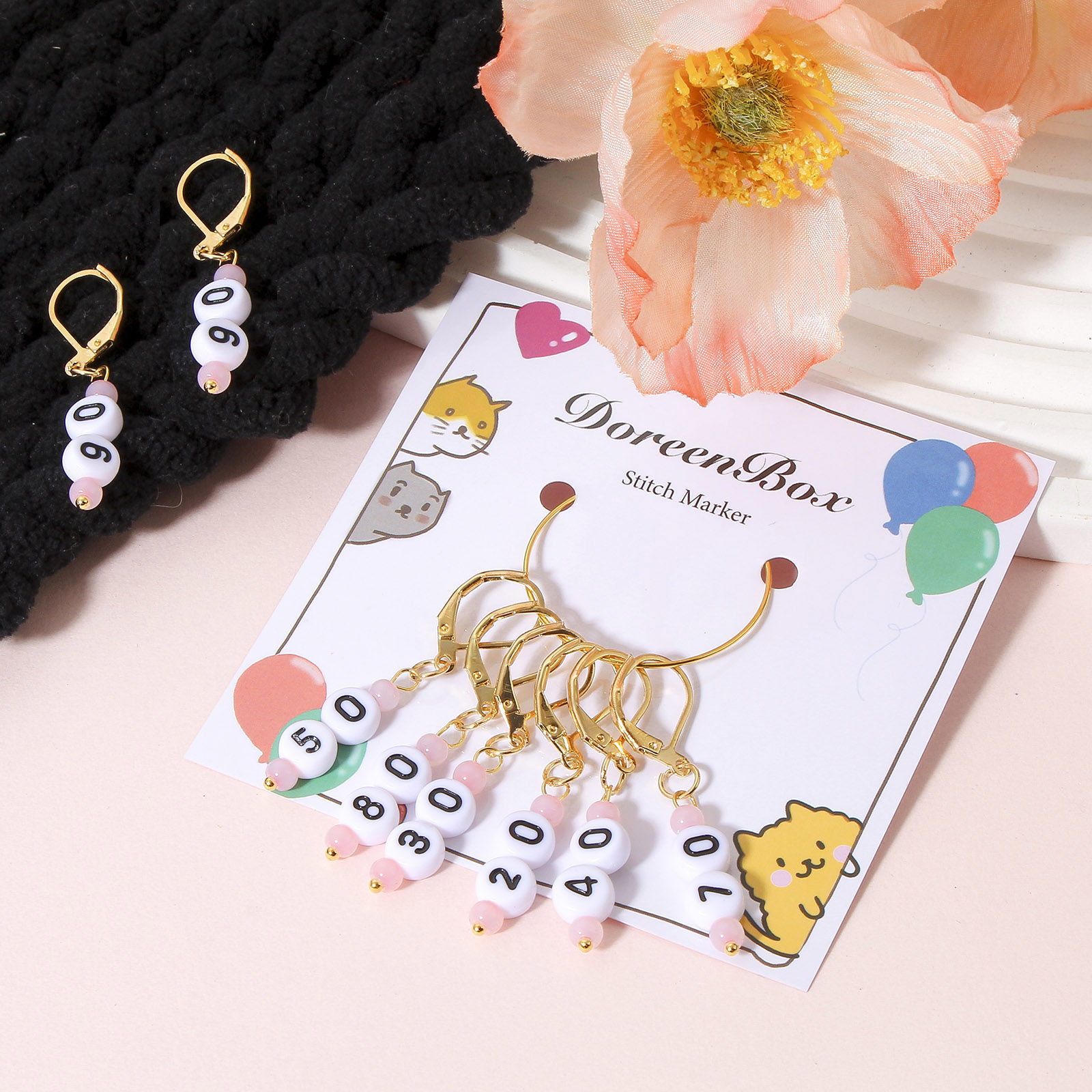 Image de 1 Kit ( 9PCs/Kit) Marqueur de Maille en Verre & Acrylique Plaqué Or KC Chiffres 4.2cm x 0.7cm