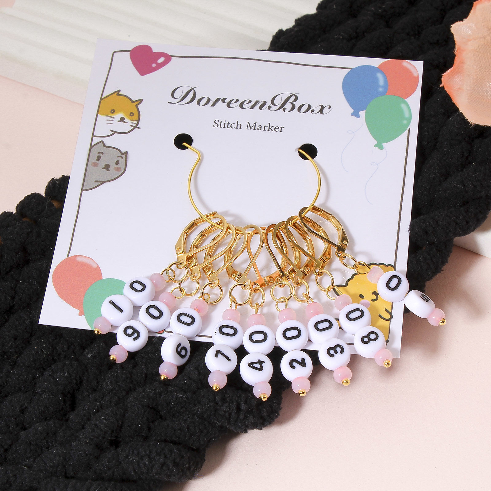 Image de 1 Kit ( 9PCs/Kit) Marqueur de Maille en Verre & Acrylique Plaqué Or KC Chiffres 4.2cm x 0.7cm