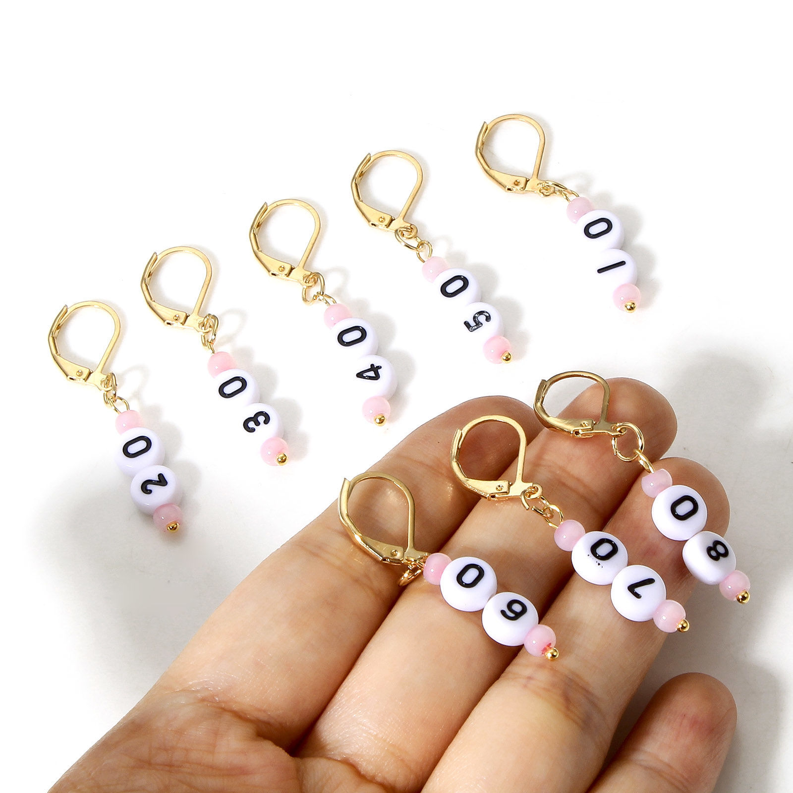 Image de 1 Kit ( 9PCs/Kit) Marqueur de Maille en Verre & Acrylique Plaqué Or KC Chiffres 4.2cm x 0.7cm