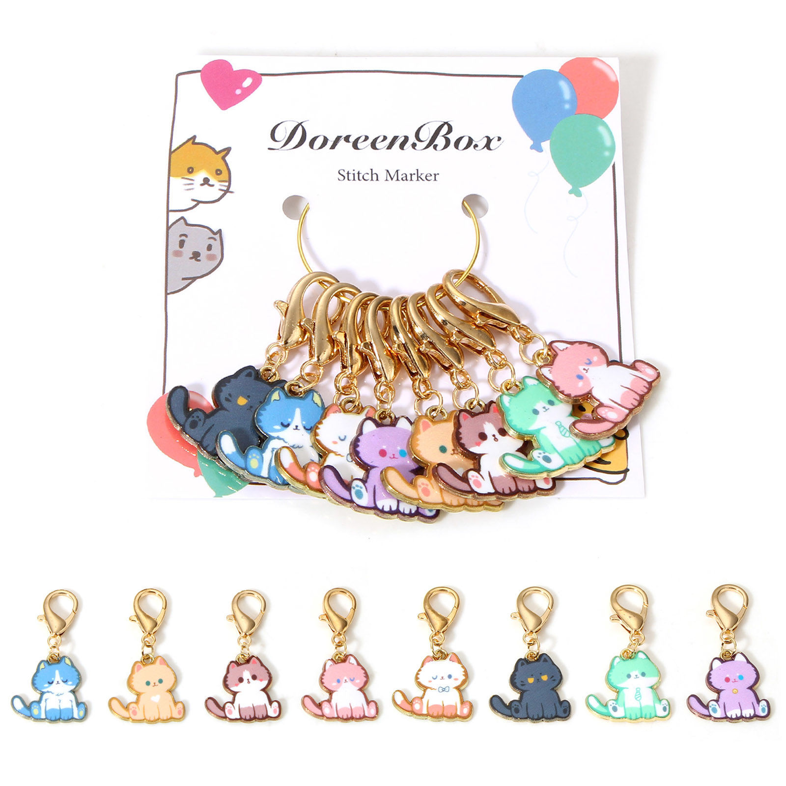 Изображение 1 Set ( 8 PCs/Set) Zinc Based Alloy Knitting Stitch Markers Cat Animal KC Gold Plated Multicolor Enamel 4cm x 2cm