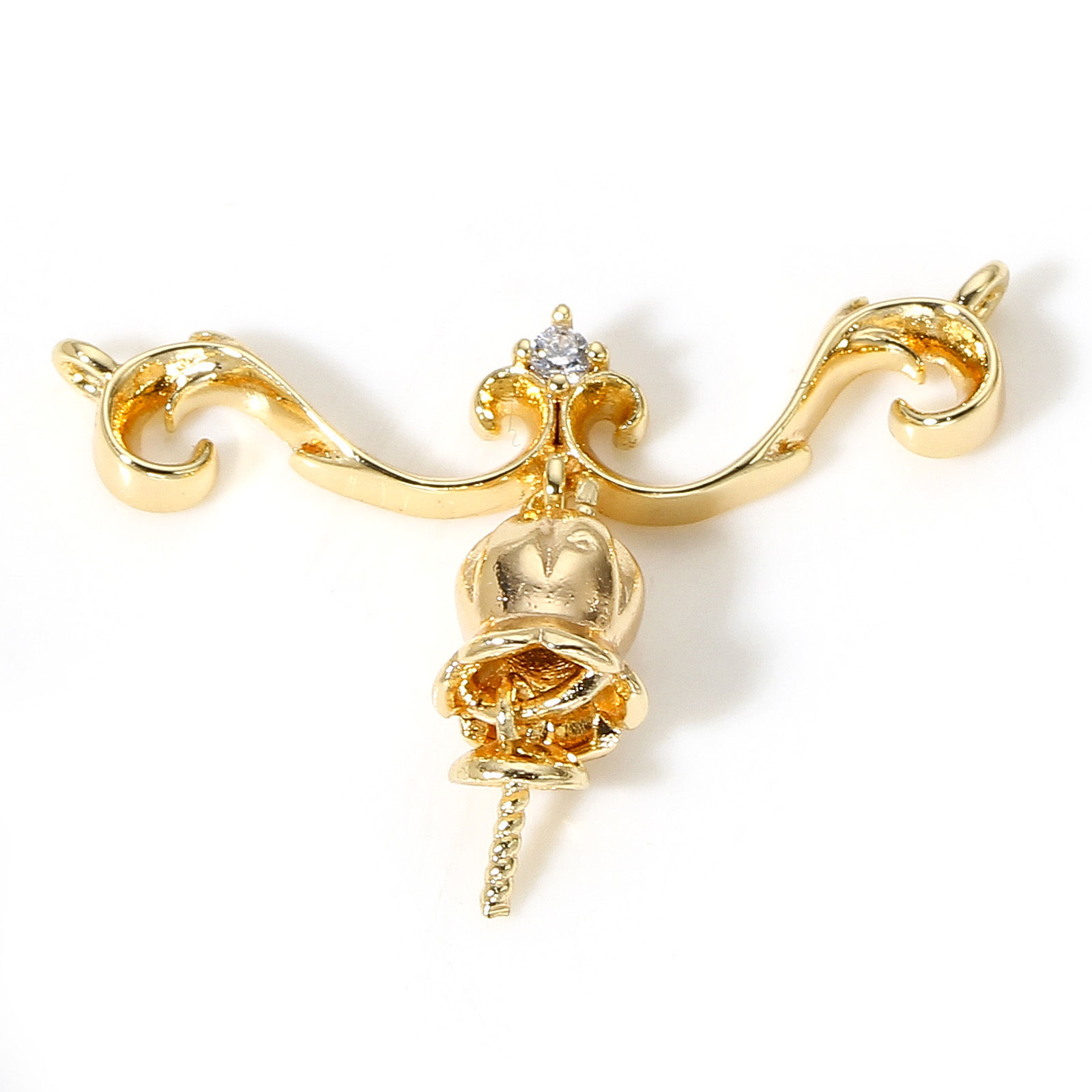 Изображение 1 ШТ Латунь Рождество Шкентеля Перлы Разъем Бейл Pin Кубок Cap 18K настоящее золото с покрытием Колокол Прозрачный Искусственный Циркон 24мм x 17мм, Толщина иглы: 0.8мм