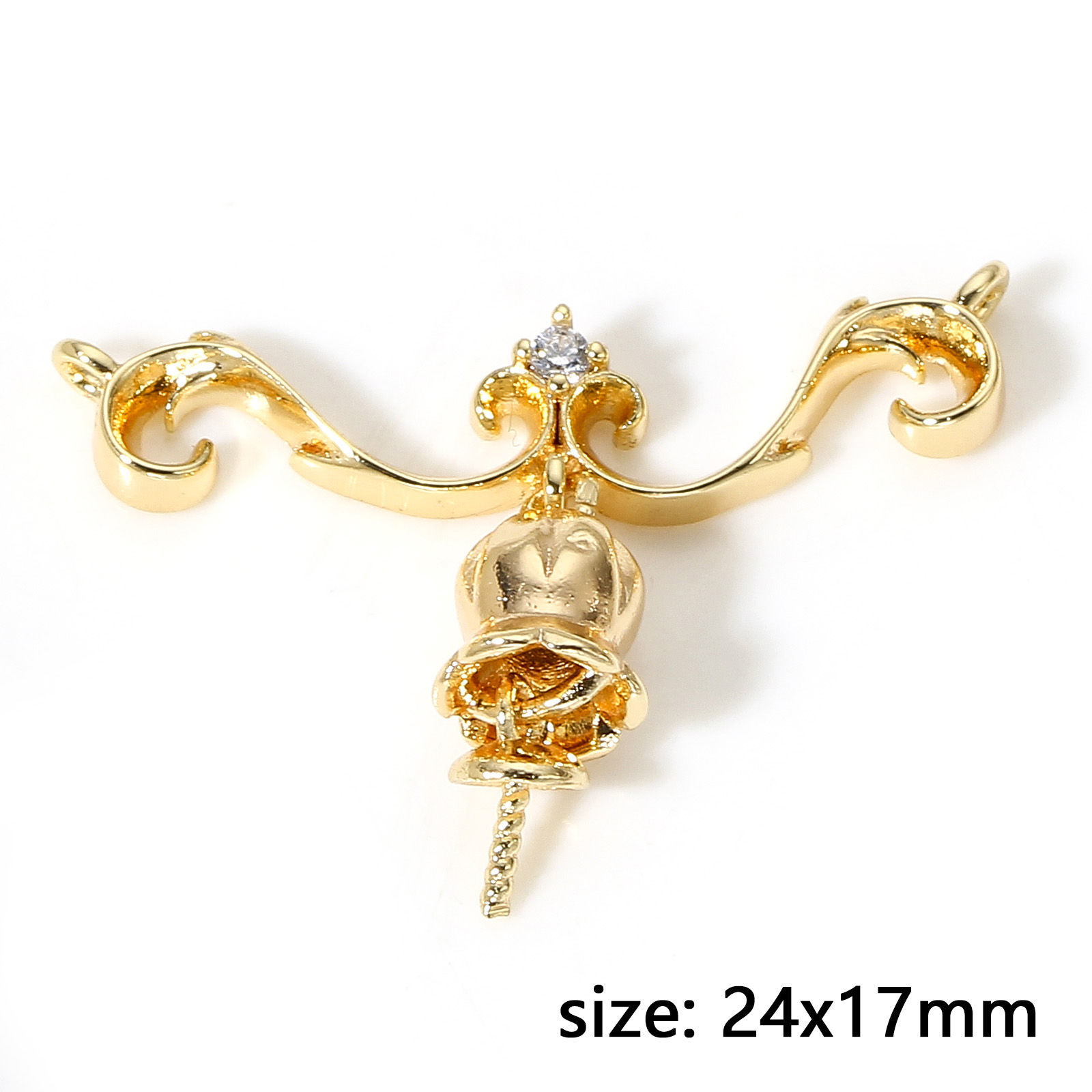 Изображение 1 ШТ Латунь Рождество Шкентеля Перлы Разъем Бейл Pin Кубок Cap 18K настоящее золото с покрытием Колокол Прозрачный Искусственный Циркон 24мм x 17мм, Толщина иглы: 0.8мм