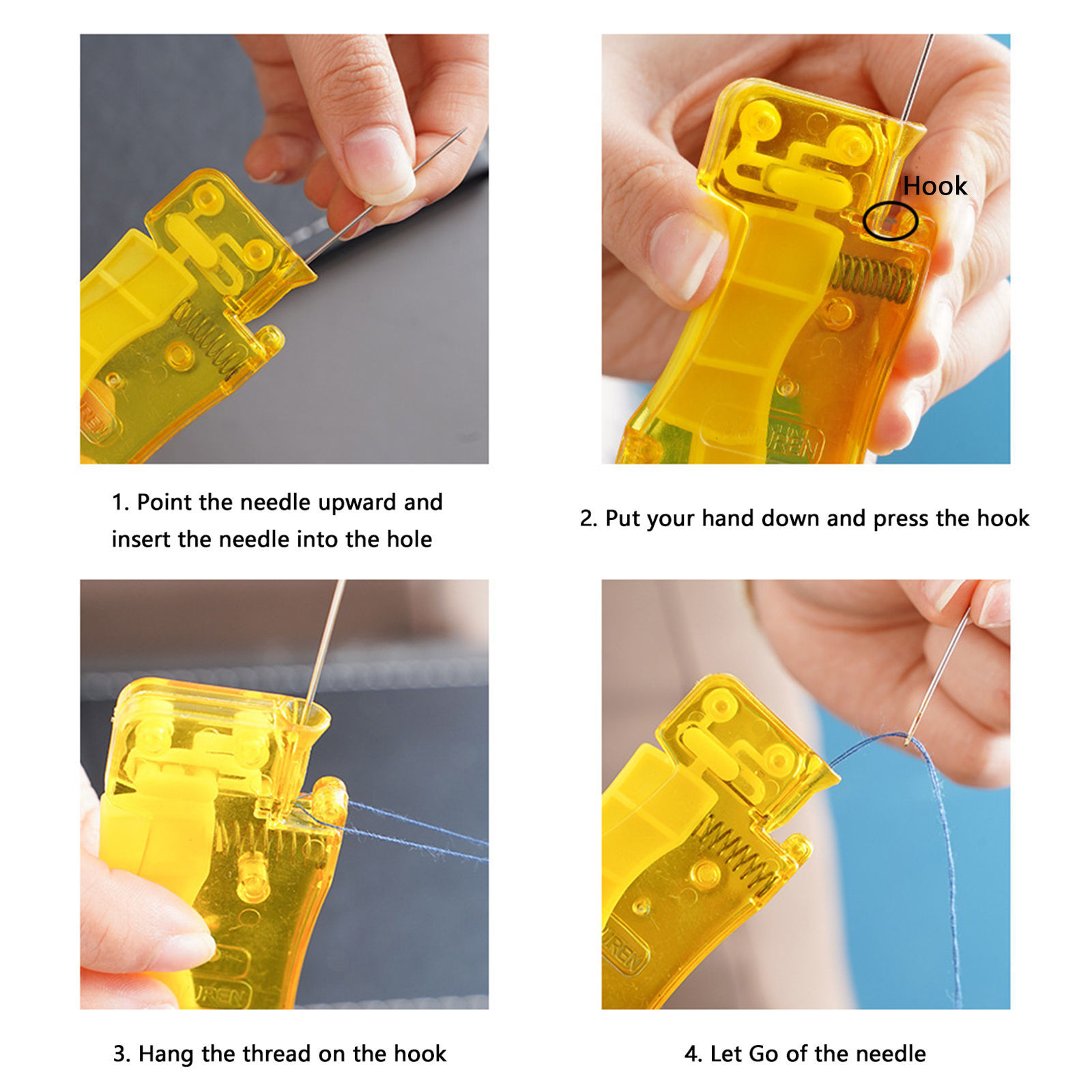 Picture of 1 Piece Plastic Automatic Needle Threader Insertion Tool DIY Home Hand Machine Sewing Thread Device Yellow 7.2cm x 3.5cm