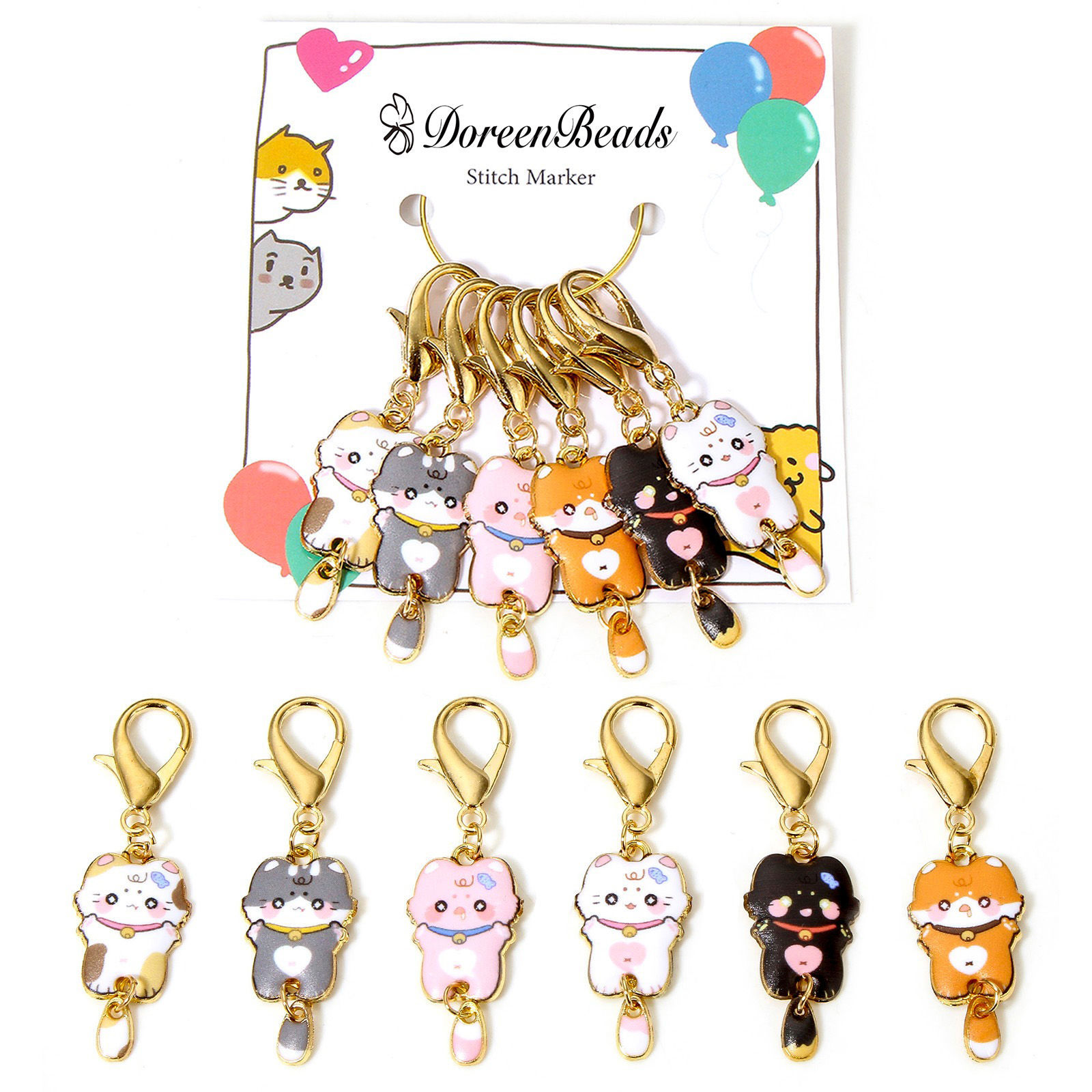 Bild von 1 Set ( 6 Stücke/Set) Zinklegierung + Legierung Stricken Stitch Markers Katze Vergoldet Bunt Mit Karabiner Verschluss 5.4cm x 1.6cm
