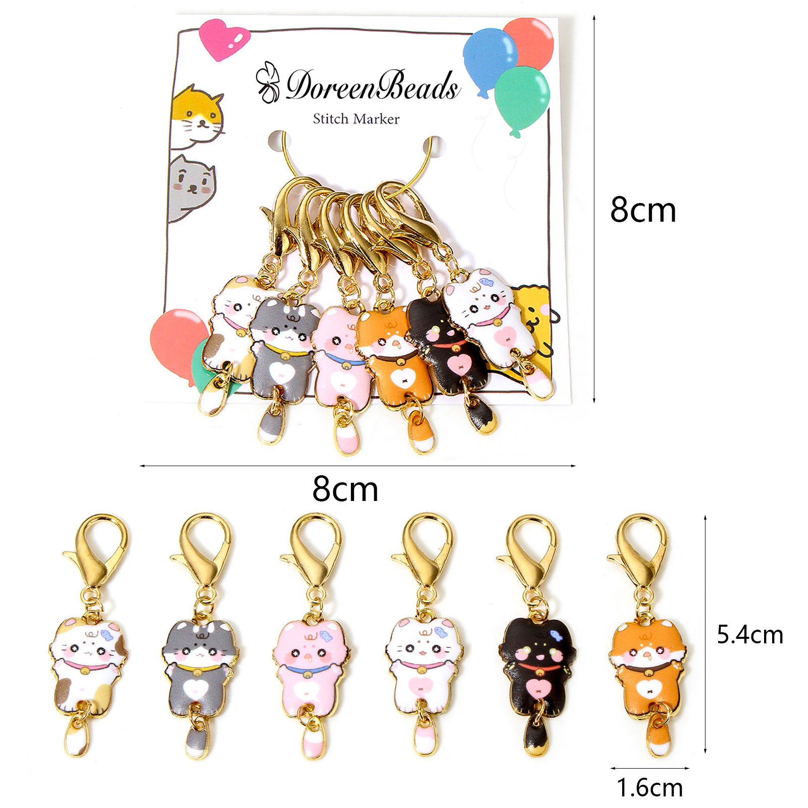 Bild von 1 Set ( 6 Stücke/Set) Zinklegierung + Legierung Stricken Stitch Markers Katze Vergoldet Bunt Mit Karabiner Verschluss 5.4cm x 1.6cm