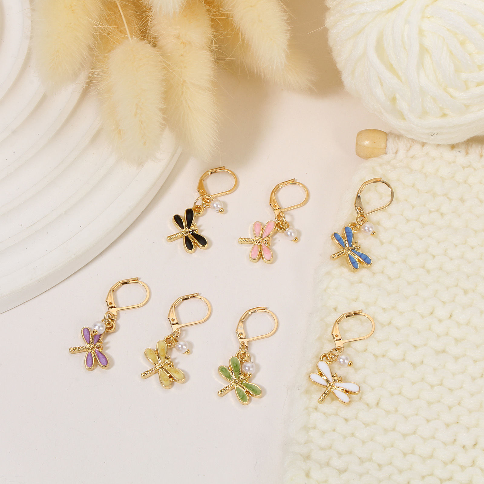 Picture of 1 Set ( 7 PCs/Set) Zinc Based Alloy & Acrylic Insect Knitting Stitch Markers Dragonfly Animal Gold Plated Multicolor Imitation Pearl 3.5cm