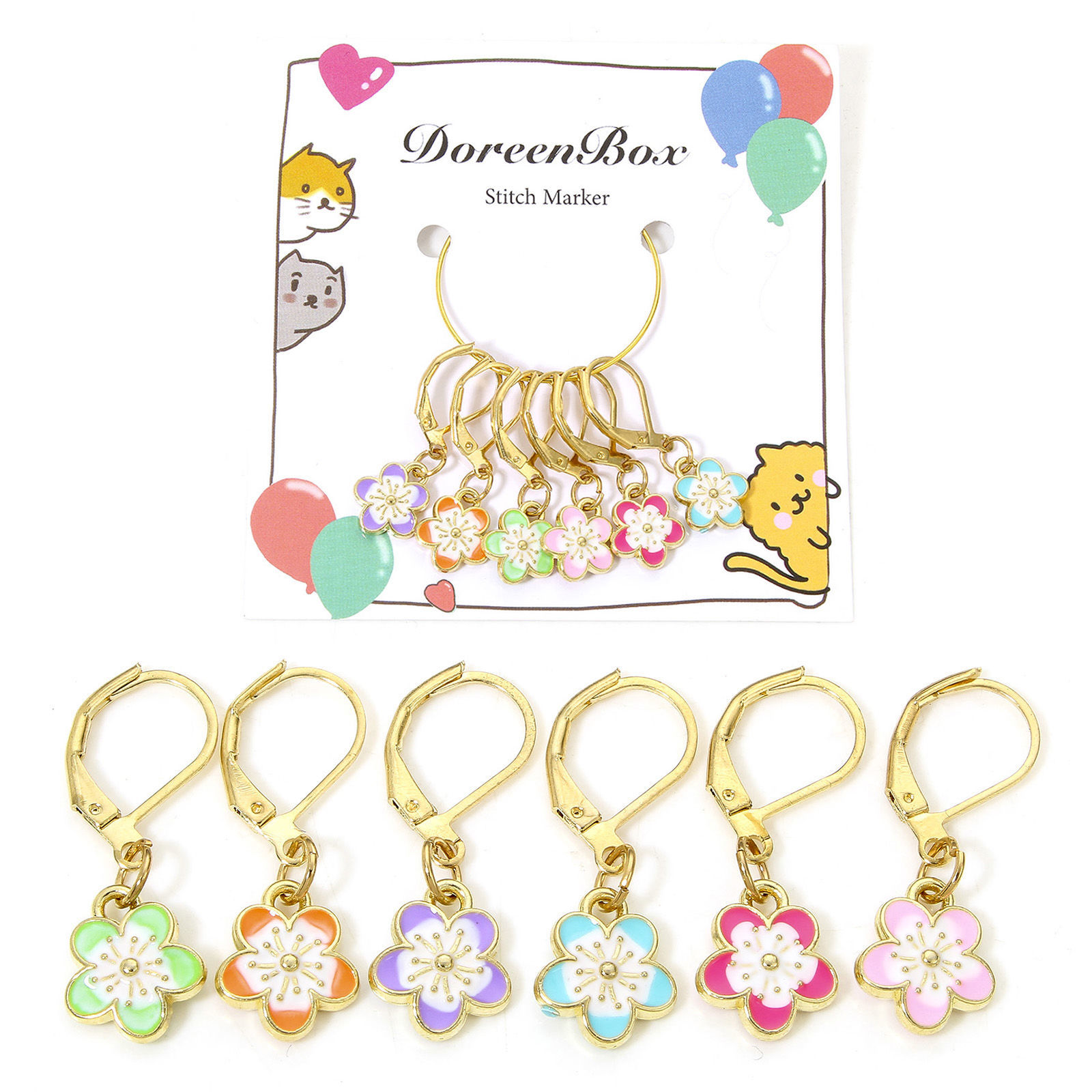 Image de 1 Kit ( 6PCs/Kit) Marqueur de Maille en Alliage de zinc+Alliage de fer Fleur Sakura Doré Multicolore Émail 3cm