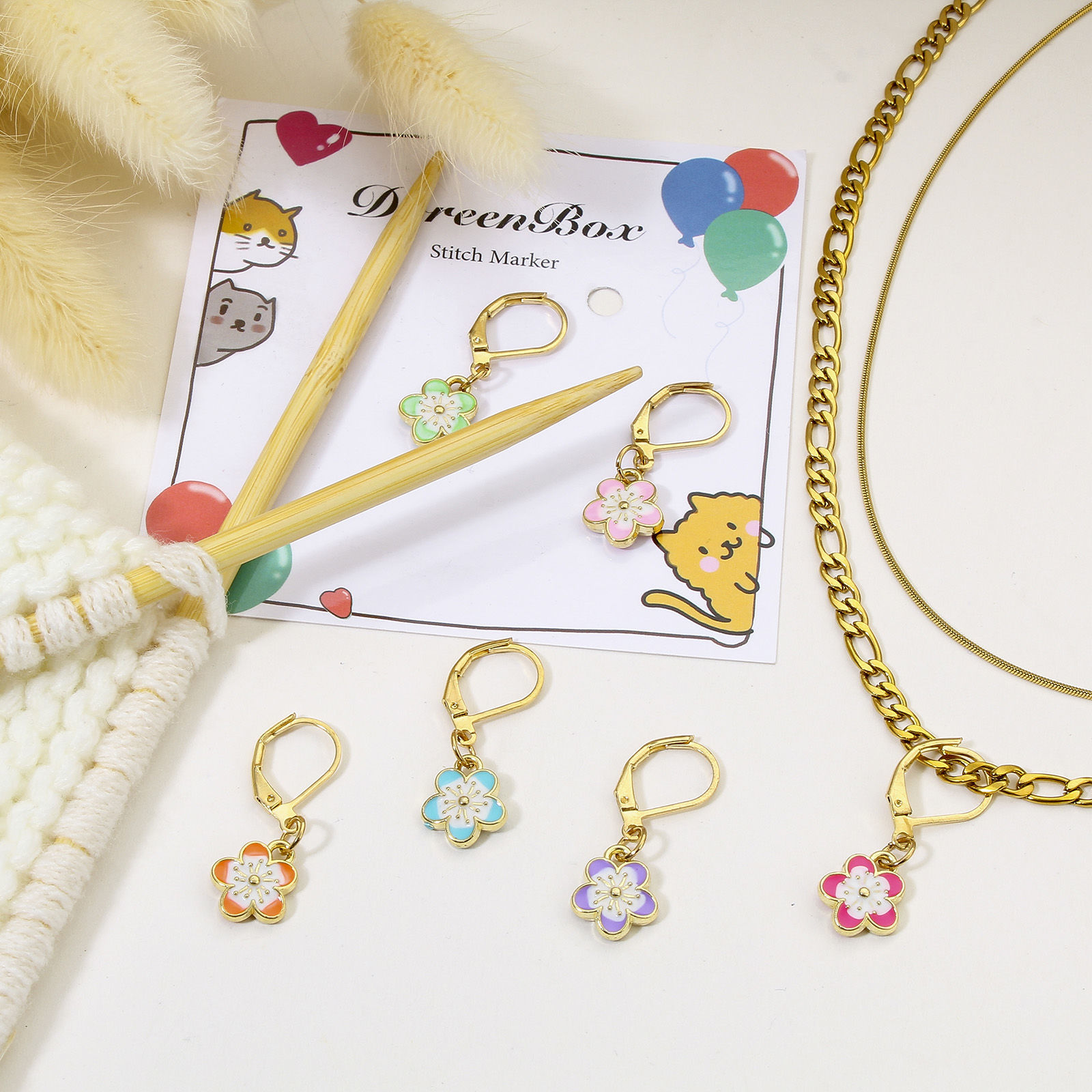 Image de 1 Kit ( 6PCs/Kit) Marqueur de Maille en Alliage de zinc+Alliage de fer Fleur Sakura Doré Multicolore Émail 3cm