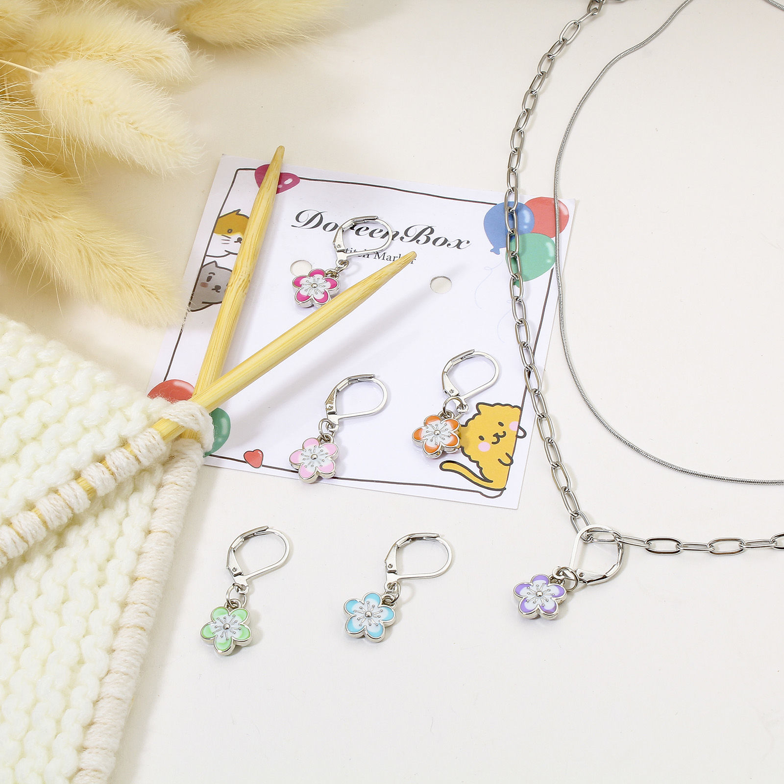 Изображение 1 Комплект （ 6 шт/уп) Цинковый Сплав(Без Кадмия)+Железный Сплав(Без Кадмия) Вязание стежка Маркеры Сакура Серебряный Тон Разноцветный С Эмалью 3см