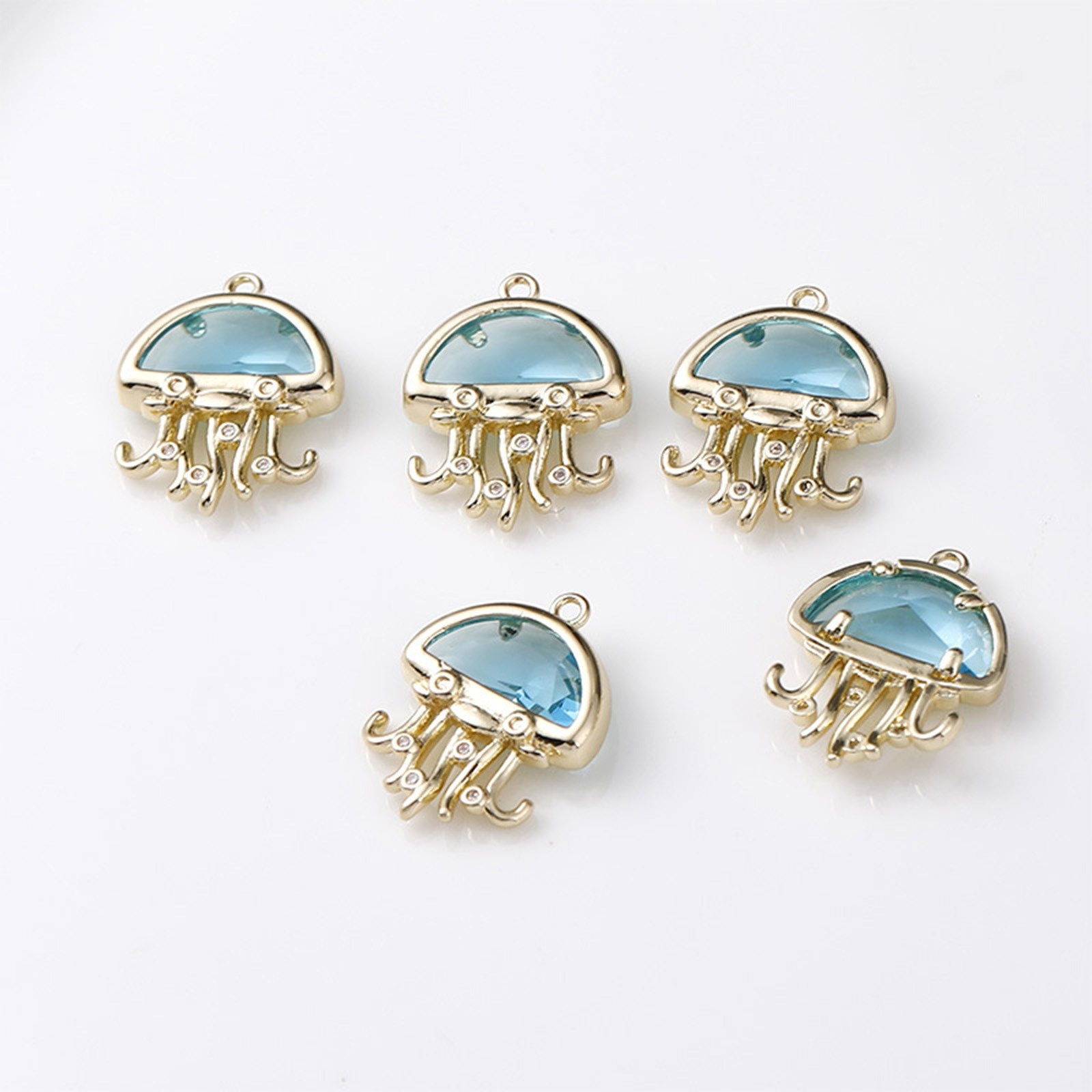 Picture of 1 Piece Brass & Glass Ocean Jewelry Charms 14K Gold Plated Light Blue 18mm x 13mm