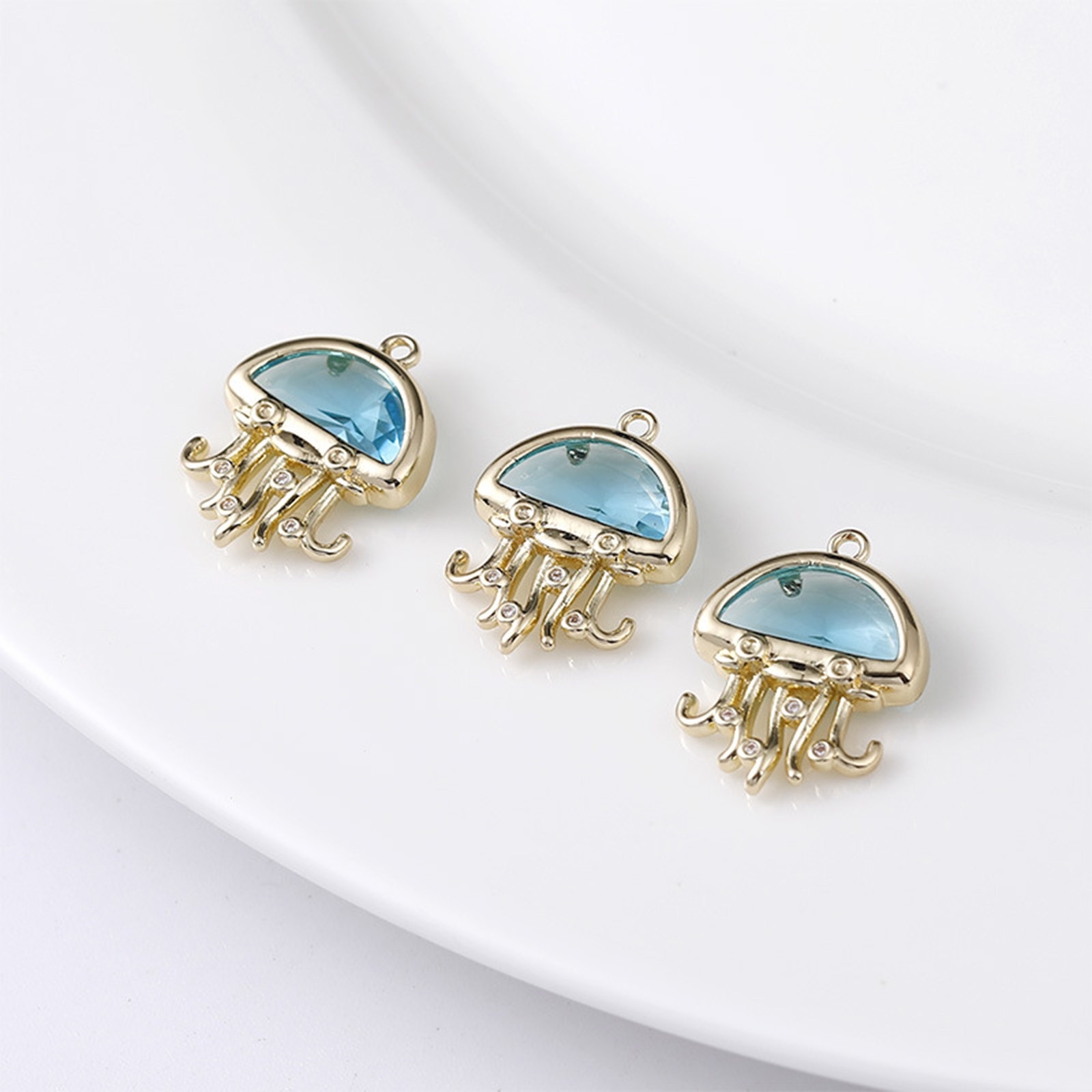 Picture of 1 Piece Brass & Glass Ocean Jewelry Charms 14K Gold Plated Light Blue 18mm x 13mm