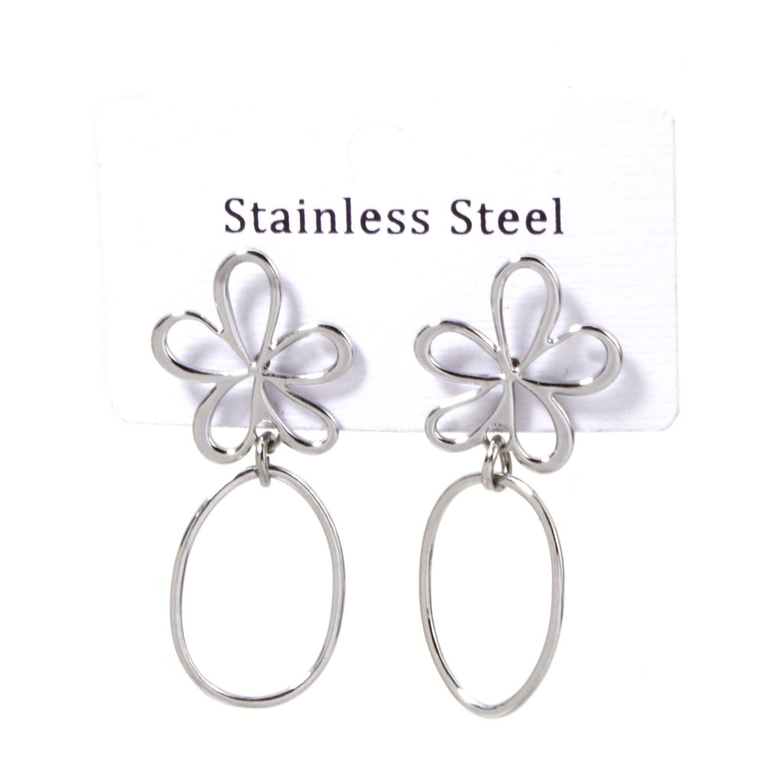 Picture of 1 Pair 304 Stainless Steel Beaded Earrings Silver Tone Flower Oval 4.1cm x 1.8cm, Post/ Wire Size: (21 gauge)