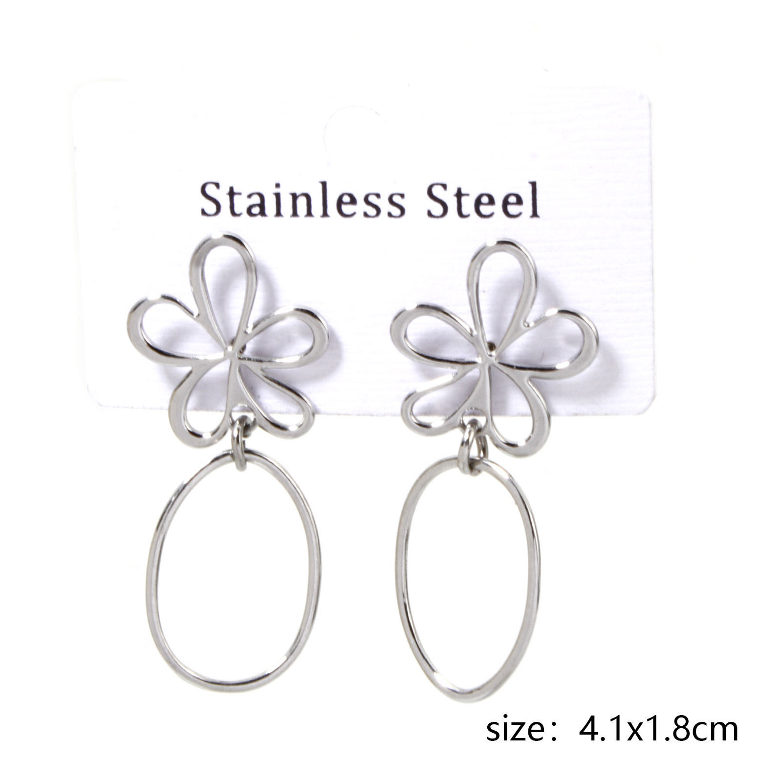 Picture of 1 Pair 304 Stainless Steel Beaded Earrings Silver Tone Flower Oval 4.1cm x 1.8cm, Post/ Wire Size: (21 gauge)