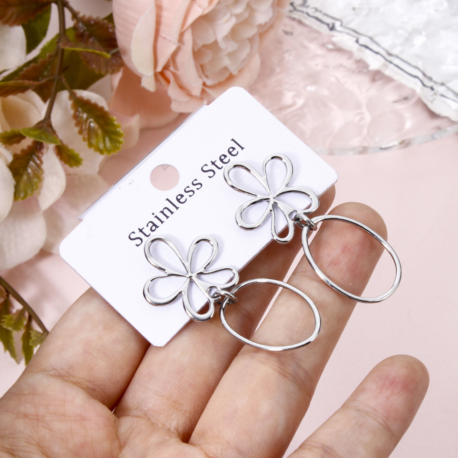Picture of 1 Pair 304 Stainless Steel Beaded Earrings Silver Tone Flower Oval 4.1cm x 1.8cm, Post/ Wire Size: (21 gauge)