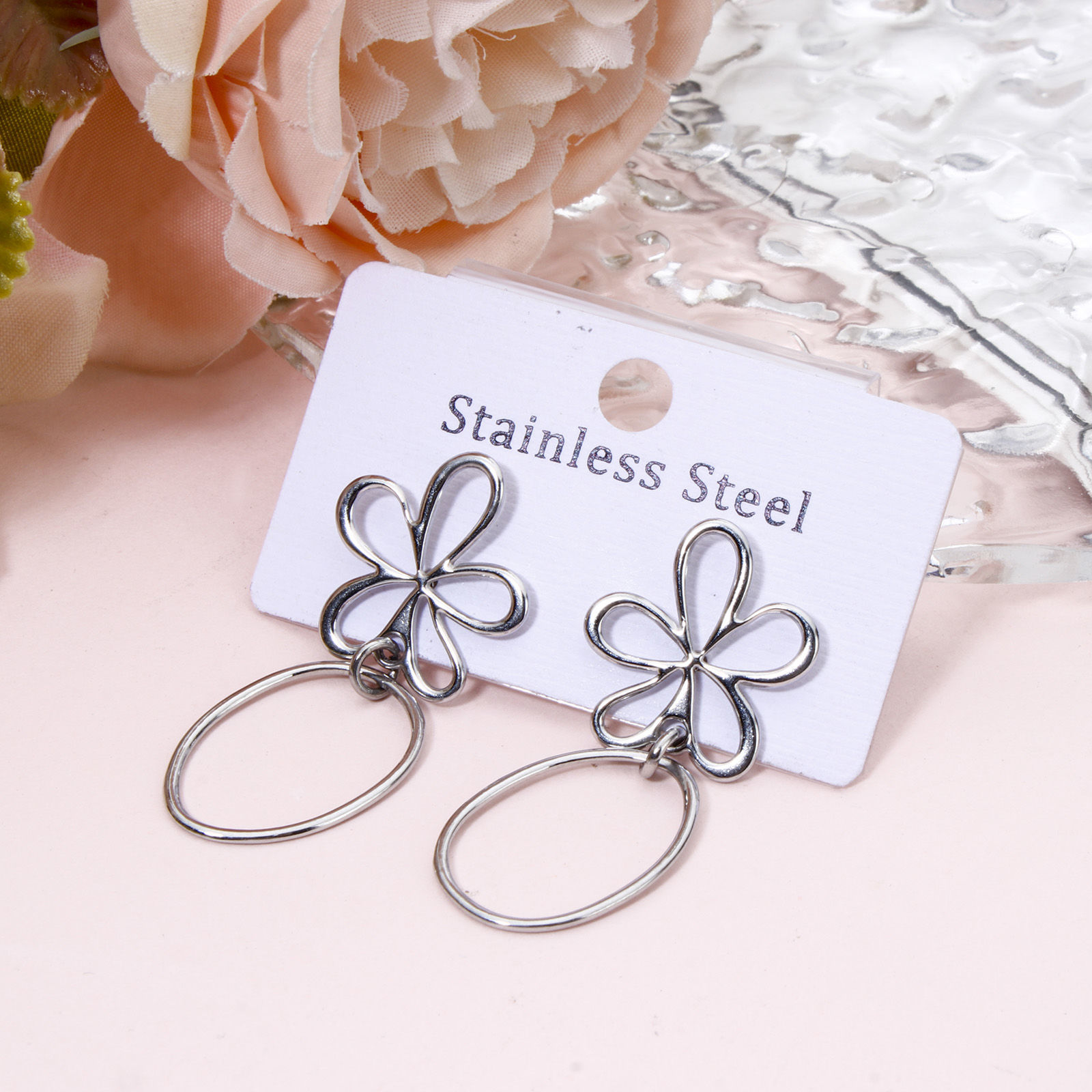 Picture of 1 Pair 304 Stainless Steel Beaded Earrings Silver Tone Flower Oval 4.1cm x 1.8cm, Post/ Wire Size: (21 gauge)