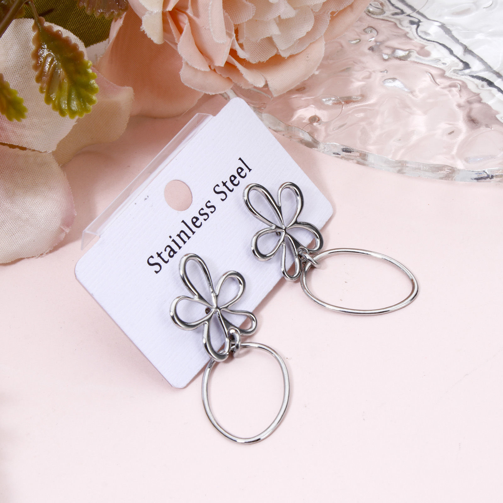 Picture of 1 Pair 304 Stainless Steel Beaded Earrings Silver Tone Flower Oval 4.1cm x 1.8cm, Post/ Wire Size: (21 gauge)