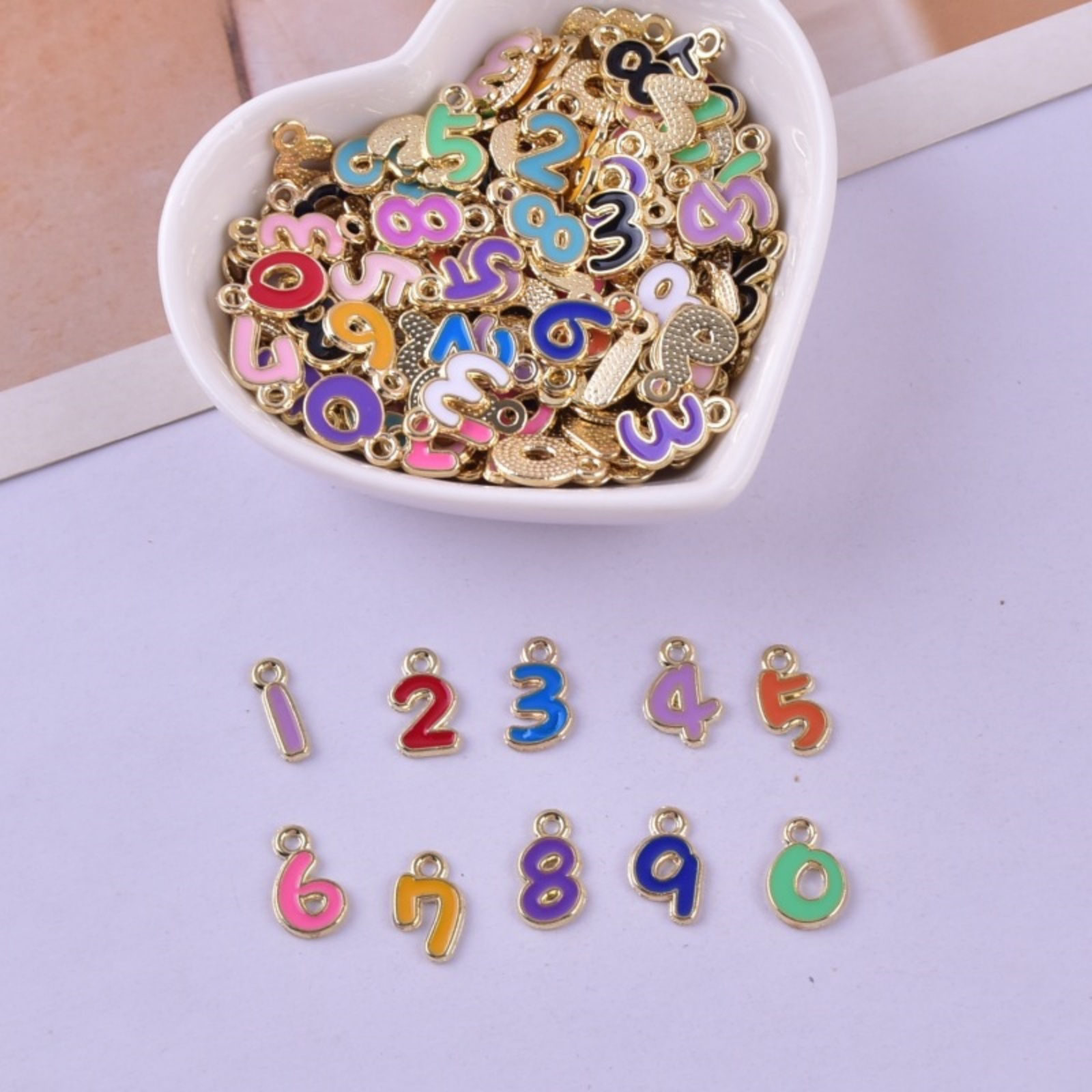 Picture of 50 PCs Zinc Based Alloy Charms Gold Plated Multicolor At Random Mixed Number Message " 0-9 " Enamel 13mm
