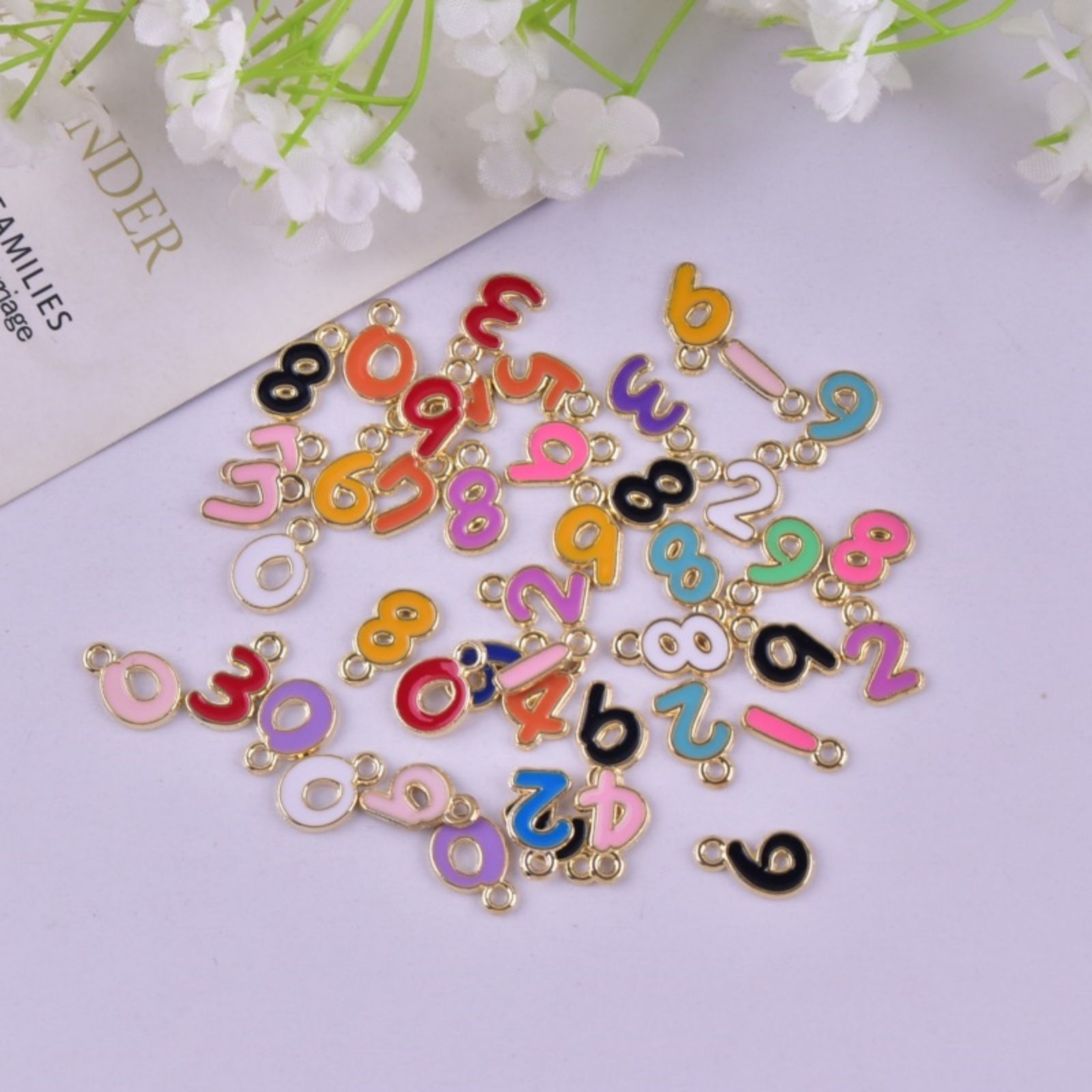 Picture of 50 PCs Zinc Based Alloy Charms Gold Plated Multicolor At Random Mixed Number Message " 0-9 " Enamel 13mm