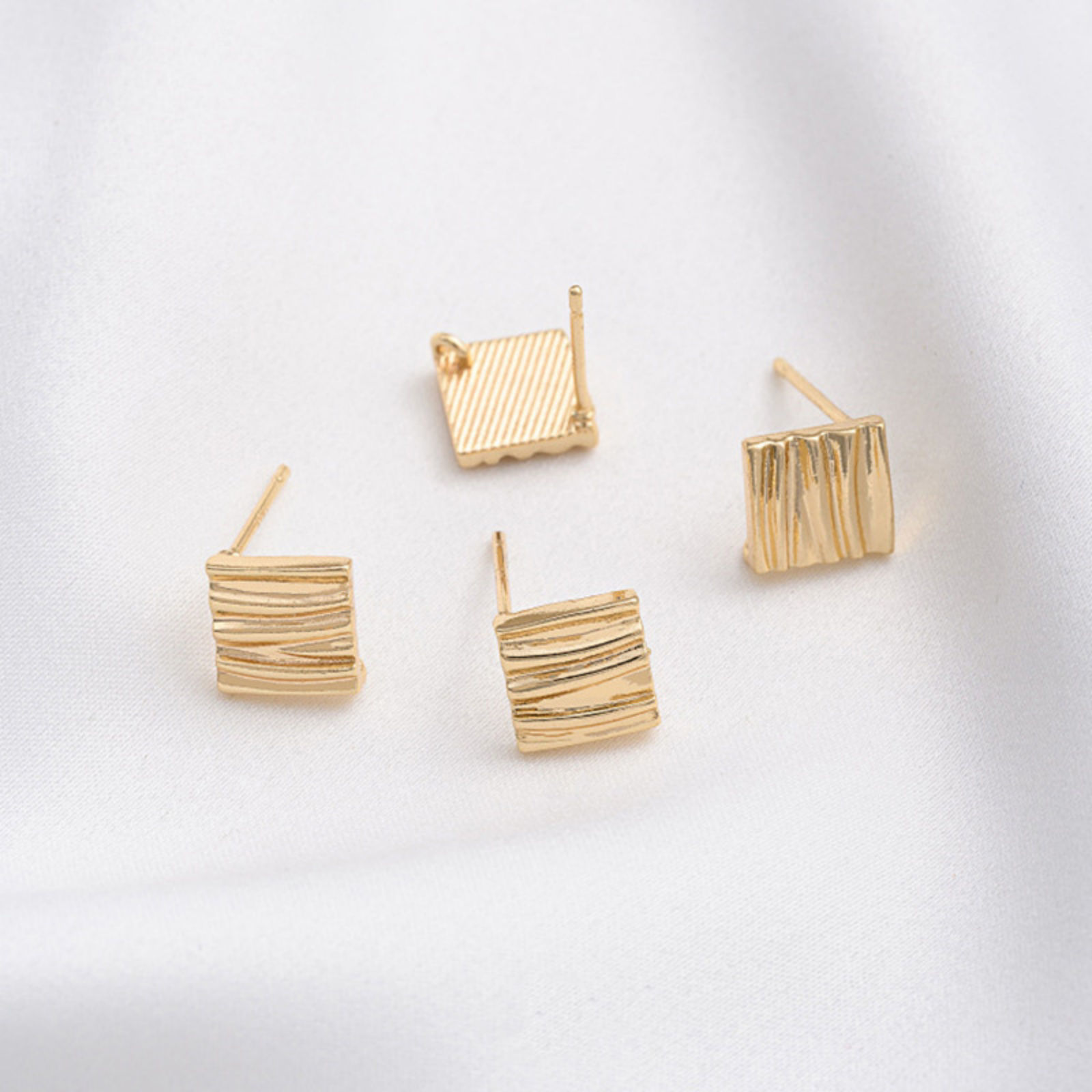 Picture of 1 Pair Brass Ear Post Stud Earring With Loop Connector Accessories 14K Real Gold Plated Rhombus Texture With Loop 8mm x 8mm