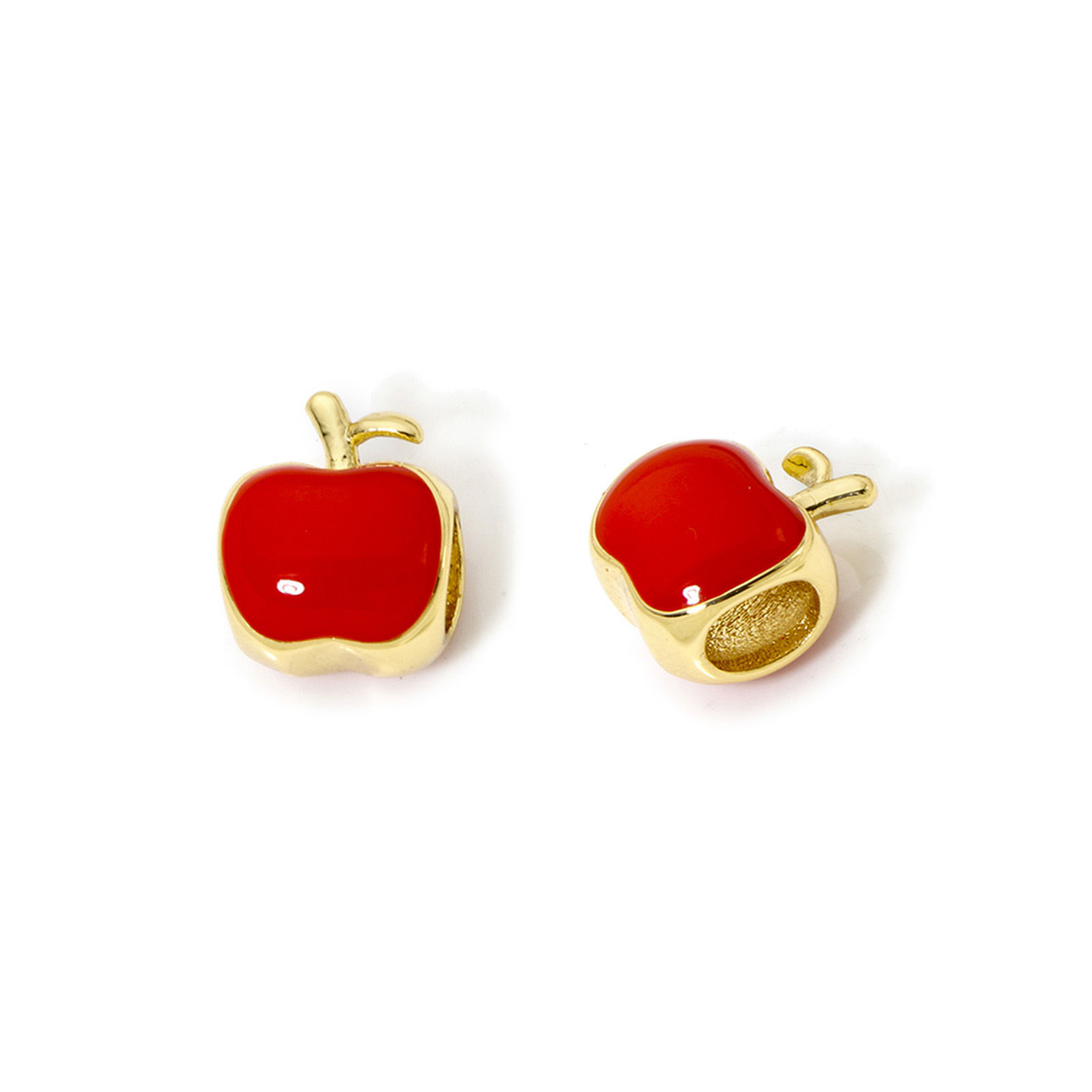 Picture of 1 Piece Eco-friendly Brass Beads For DIY Jewelry Making 18K Real Gold Plated Red Apple Fruit Enamel 12mm x 10mm, Hole: Approx 5mm x 4mm