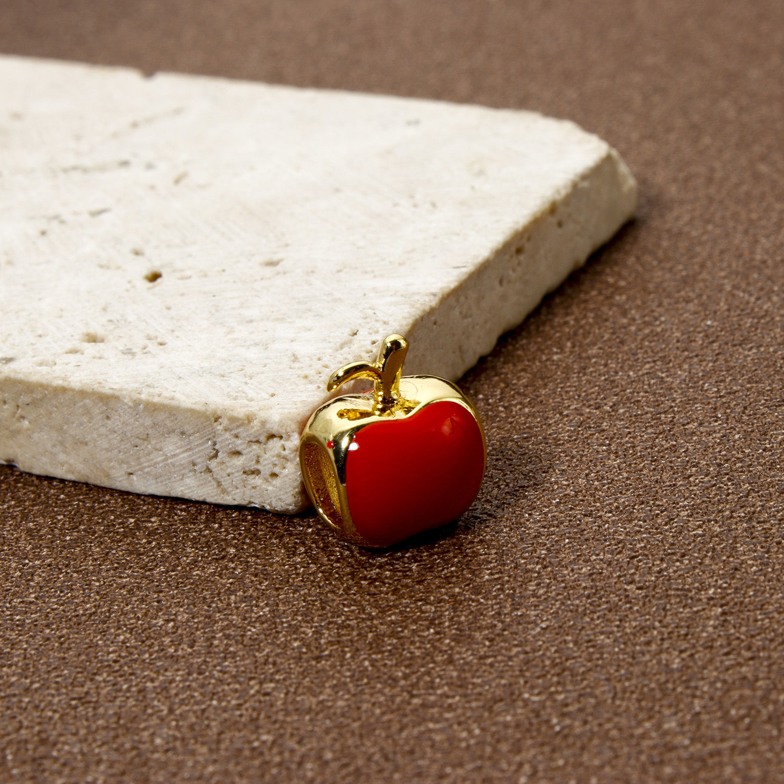 Picture of 1 Piece Eco-friendly Brass Beads For DIY Jewelry Making 18K Real Gold Plated Red Apple Fruit Enamel 12mm x 10mm, Hole: Approx 5mm x 4mm