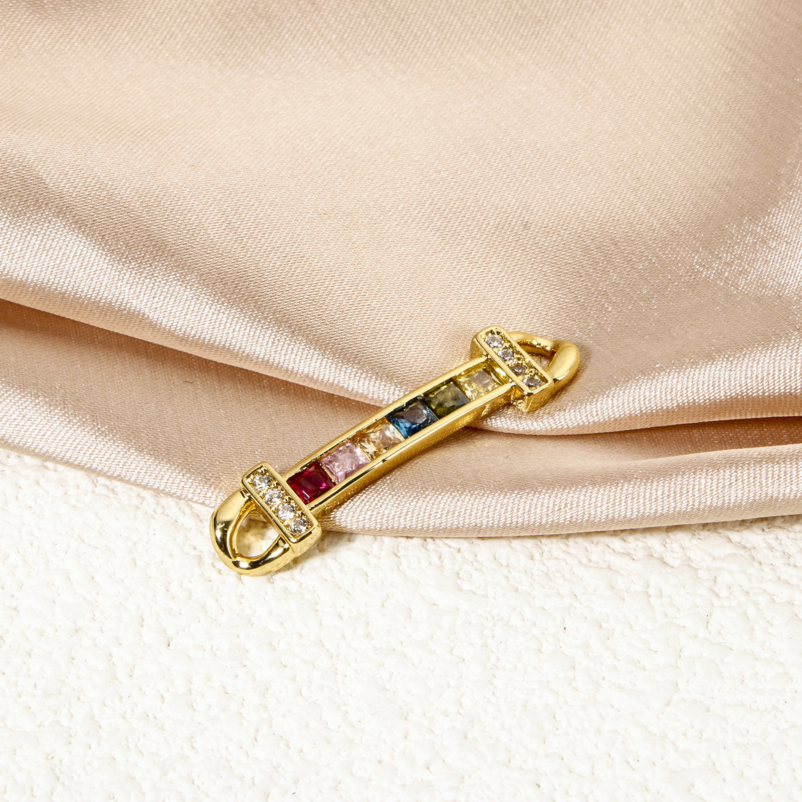 Picture of 1 Piece Eco-friendly Brass Connectors Charms Pendants 18K Real Gold Plated Strip Micro Pave Multicolour Cubic Zirconia 3.4cm x 0.8cm