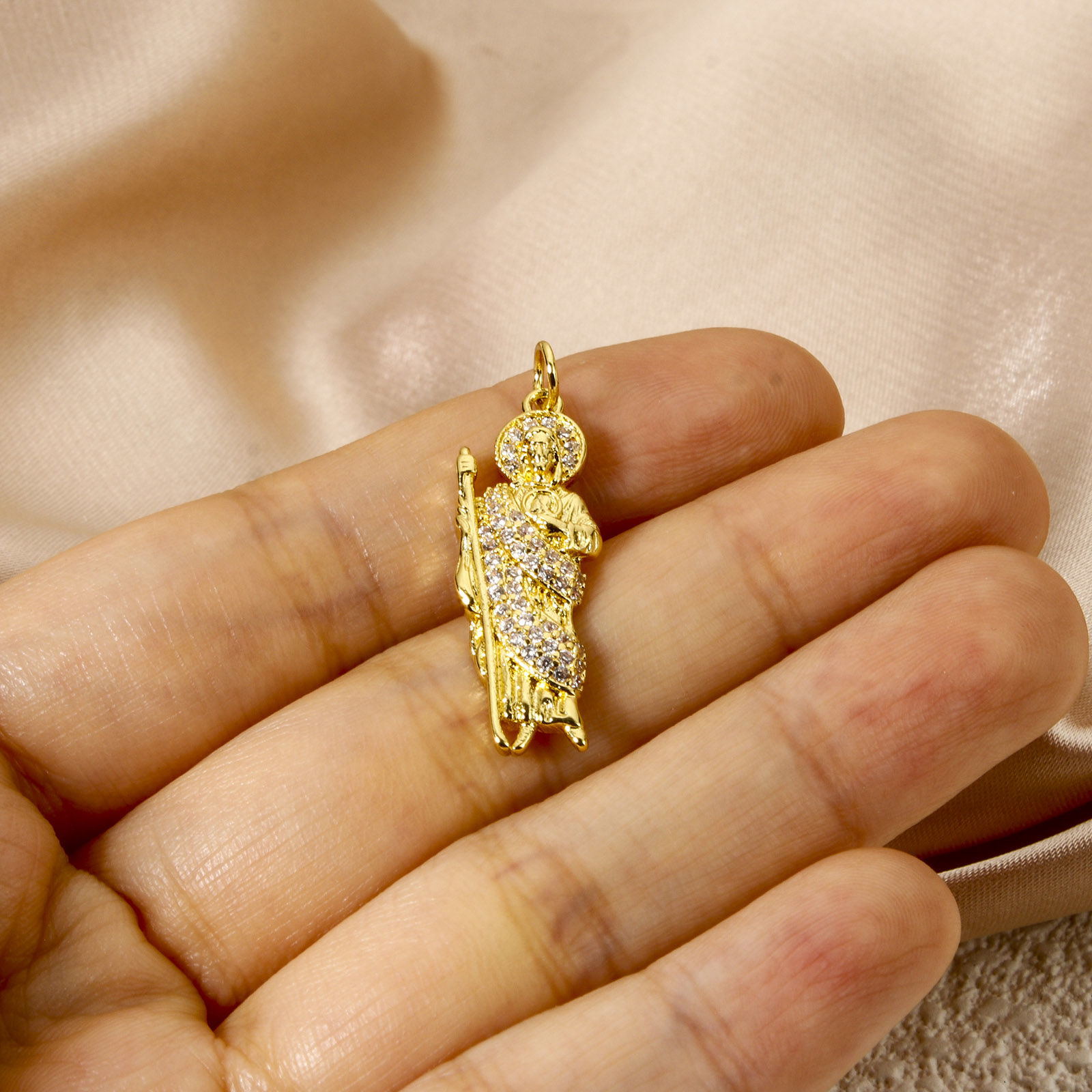 Picture of 1 Piece Eco-friendly Brass Religious Pendants 18K Real Gold Plated Jesus Micro Pave Clear Cubic Zirconia 3.1cm x 1cm