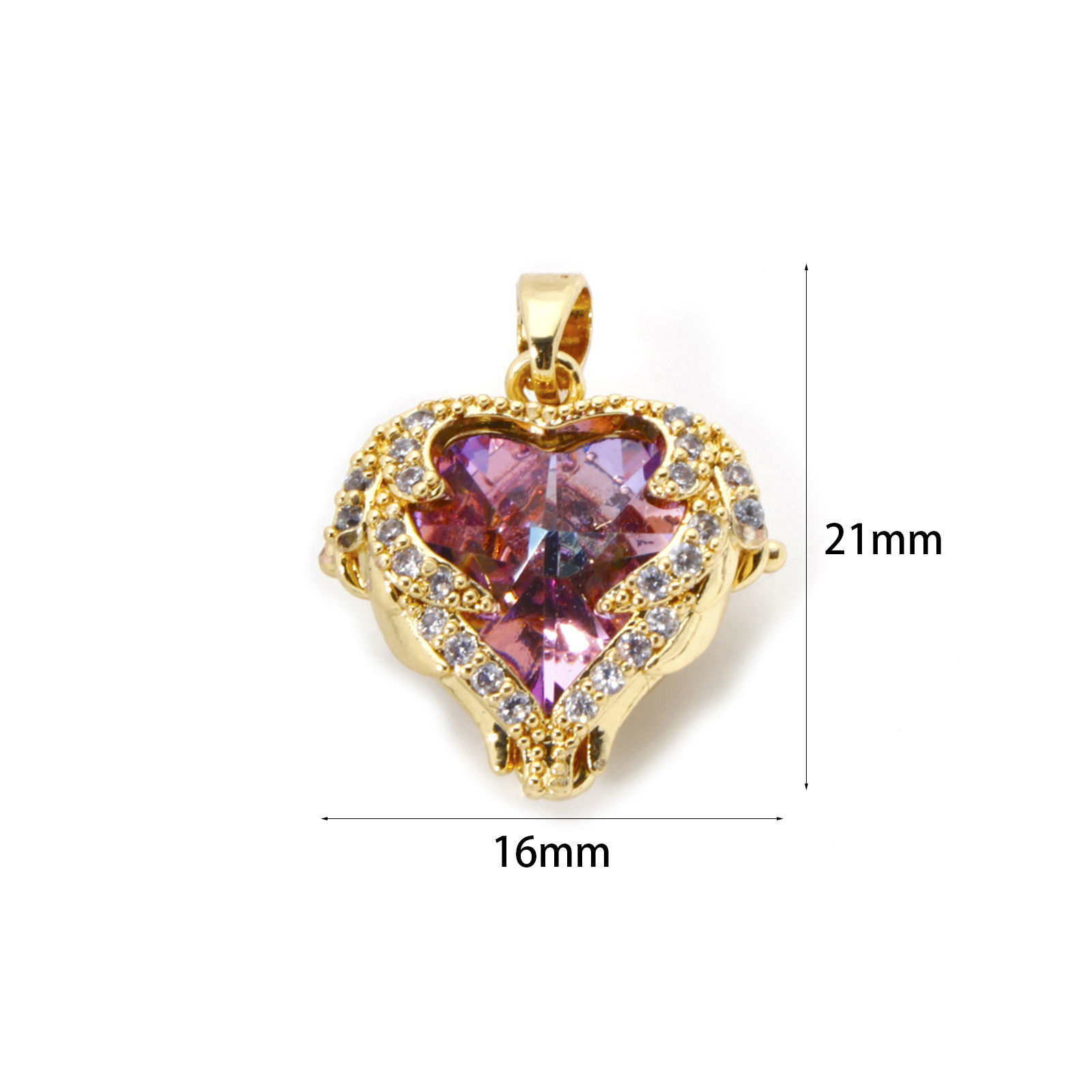 Imagen de 2 Unidades Latón & Vidrio día de San Valentín Colgantes Charms Chapado en Oro de 18K AB Color Corazón Claro Circón Artificial 21mm x 16mm