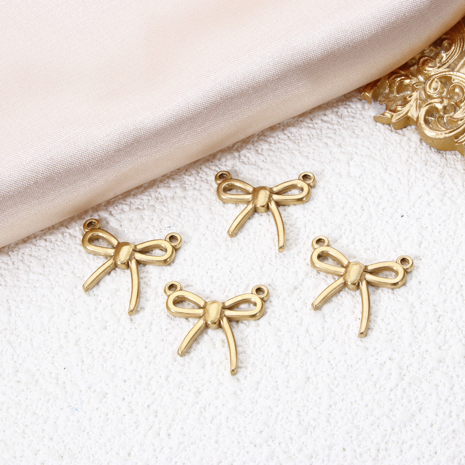 Picture of 2 PCs Eco-friendly 304 Stainless Steel Clothes Connectors Charms Pendants 18K Gold Plated Bowknot Hollow 19mm x 18mm