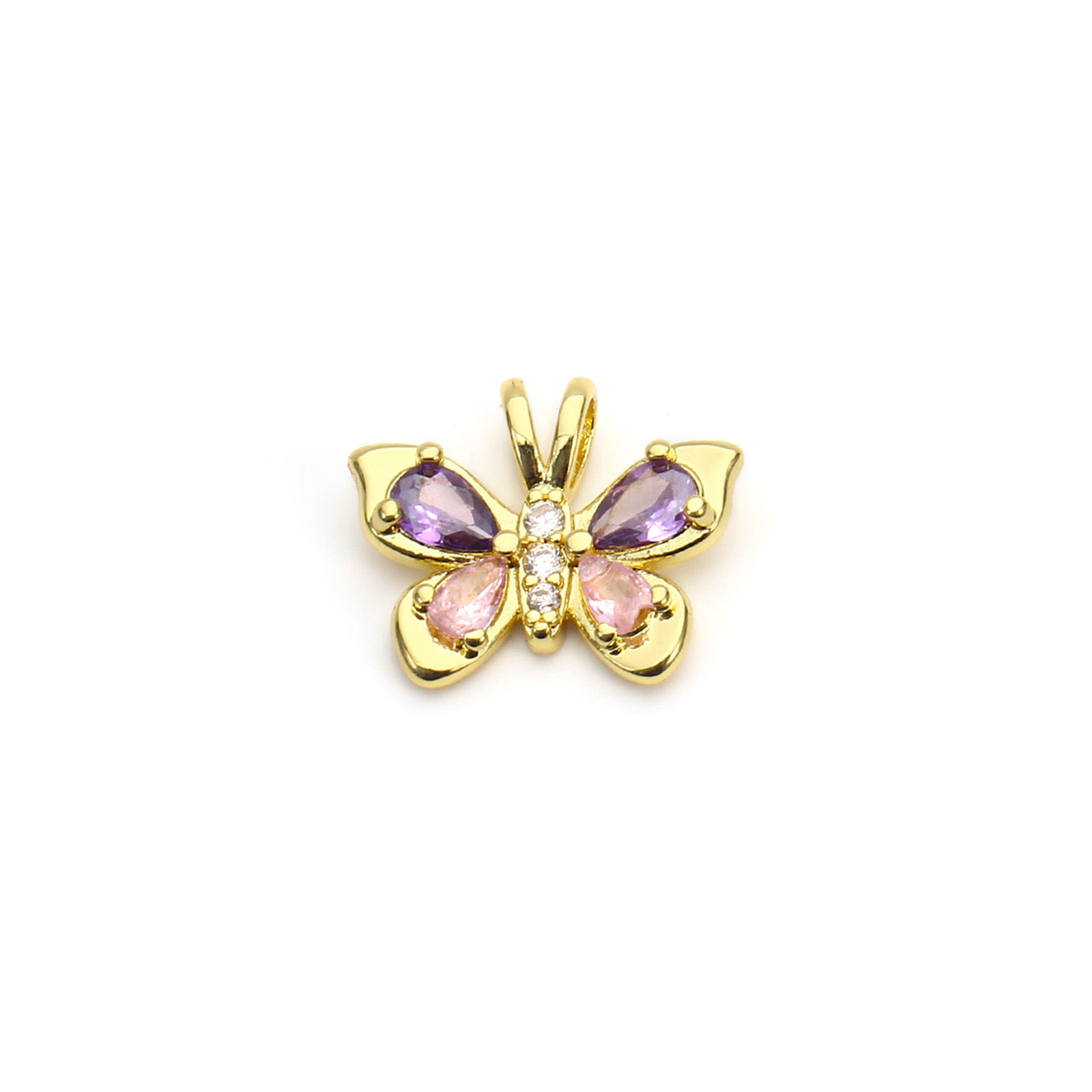 Picture of 1 Piece Eco-friendly Brass Insect Charms 18K Real Gold Plated Butterfly Animal Pink & Purple Cubic Zirconia 19mm x 16mm