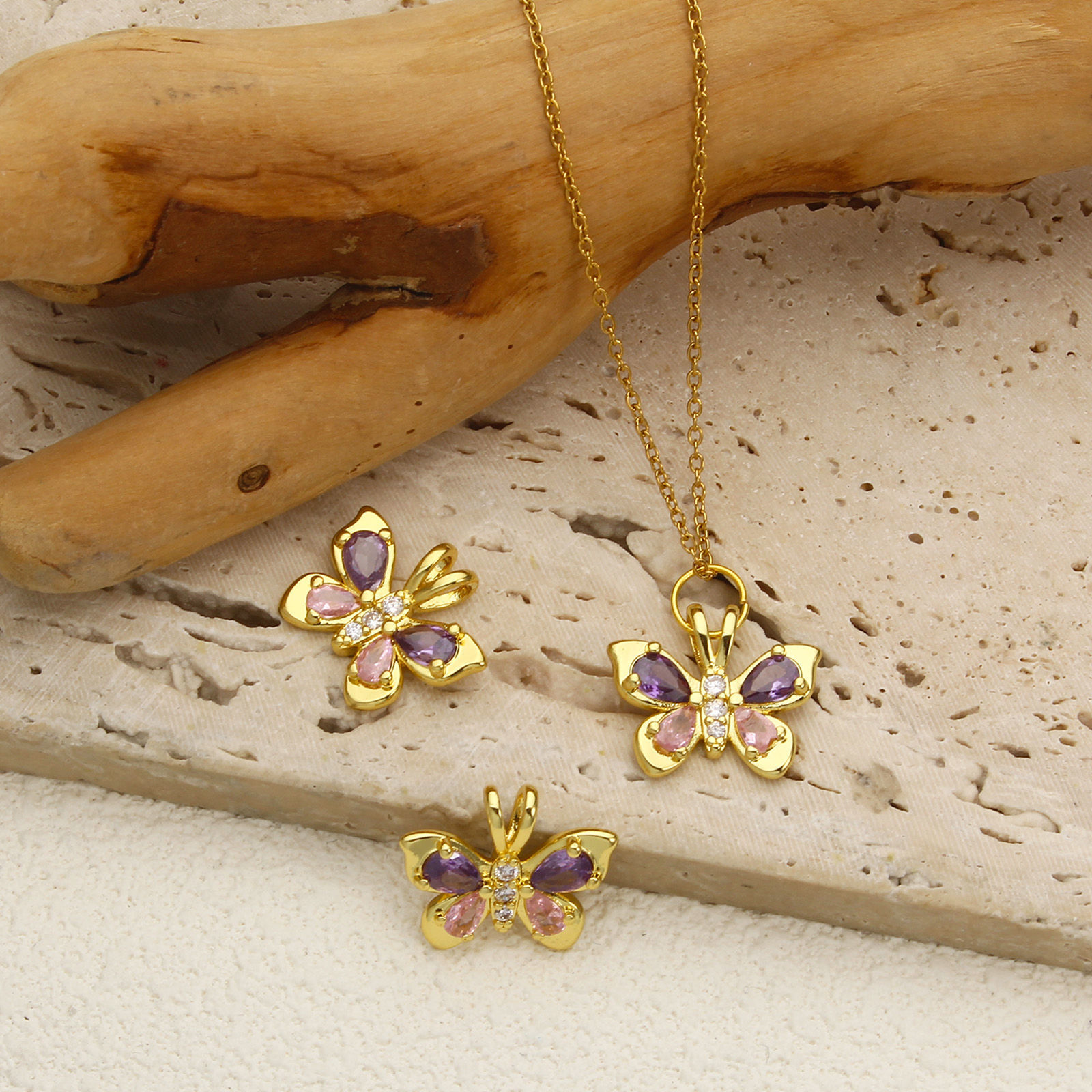 Picture of 1 Piece Eco-friendly Brass Insect Charms 18K Real Gold Plated Butterfly Animal Pink & Purple Cubic Zirconia 19mm x 16mm