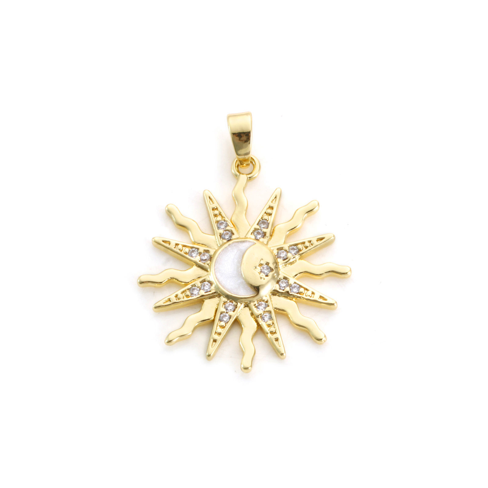 Picture of 1 Piece Brass Galaxy Pendants 18K Gold Plated White Sun Enamel Clear Cubic Zirconia 3cm x 2.3cm
