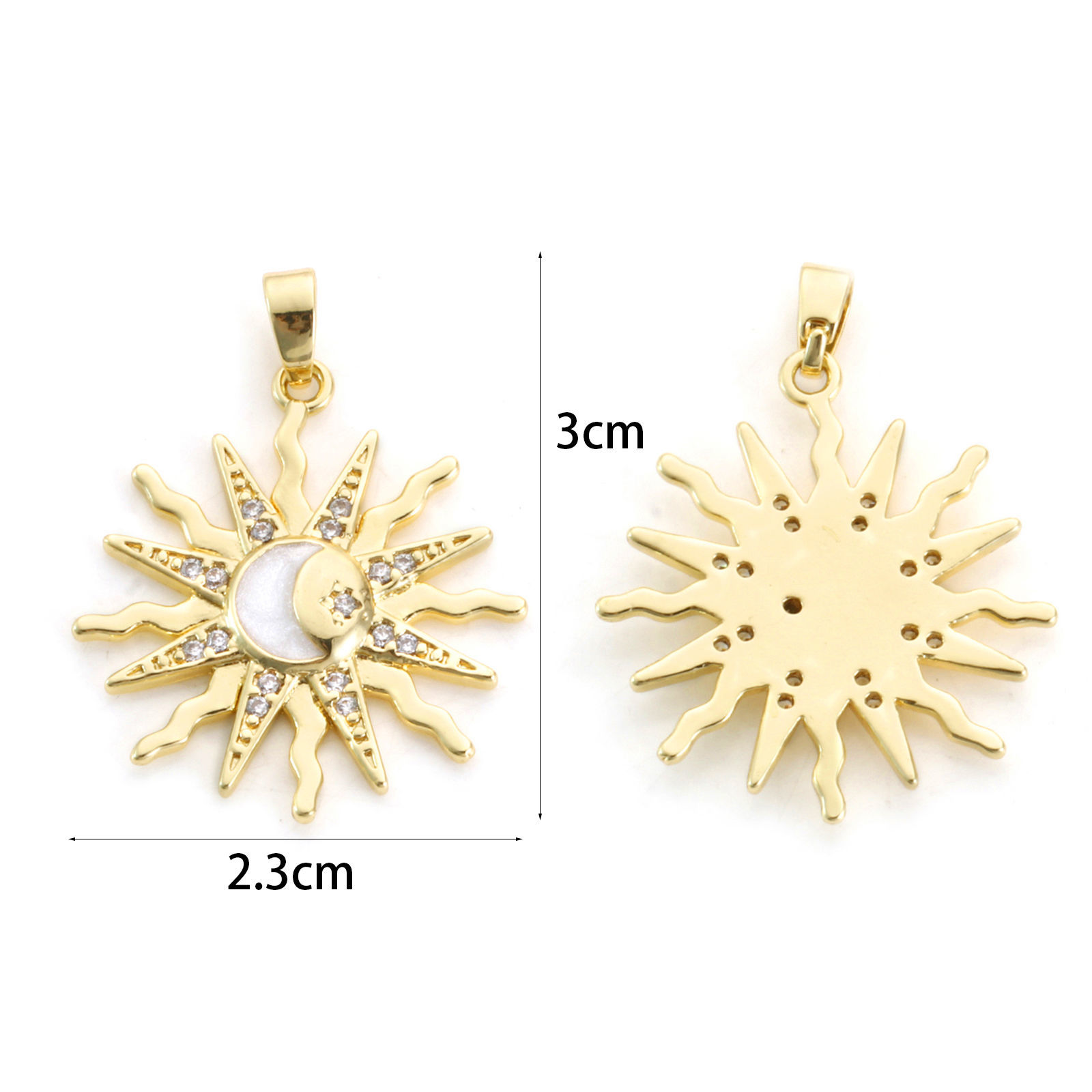 Picture of 1 Piece Brass Galaxy Pendants 18K Gold Plated White Sun Enamel Clear Cubic Zirconia 3cm x 2.3cm