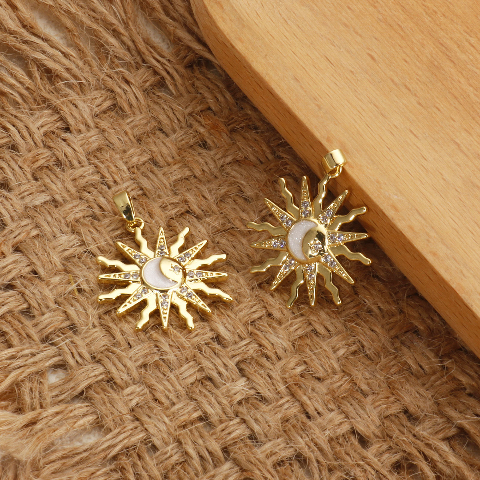 Picture of 1 Piece Brass Galaxy Pendants 18K Gold Plated White Sun Enamel Clear Cubic Zirconia 3cm x 2.3cm