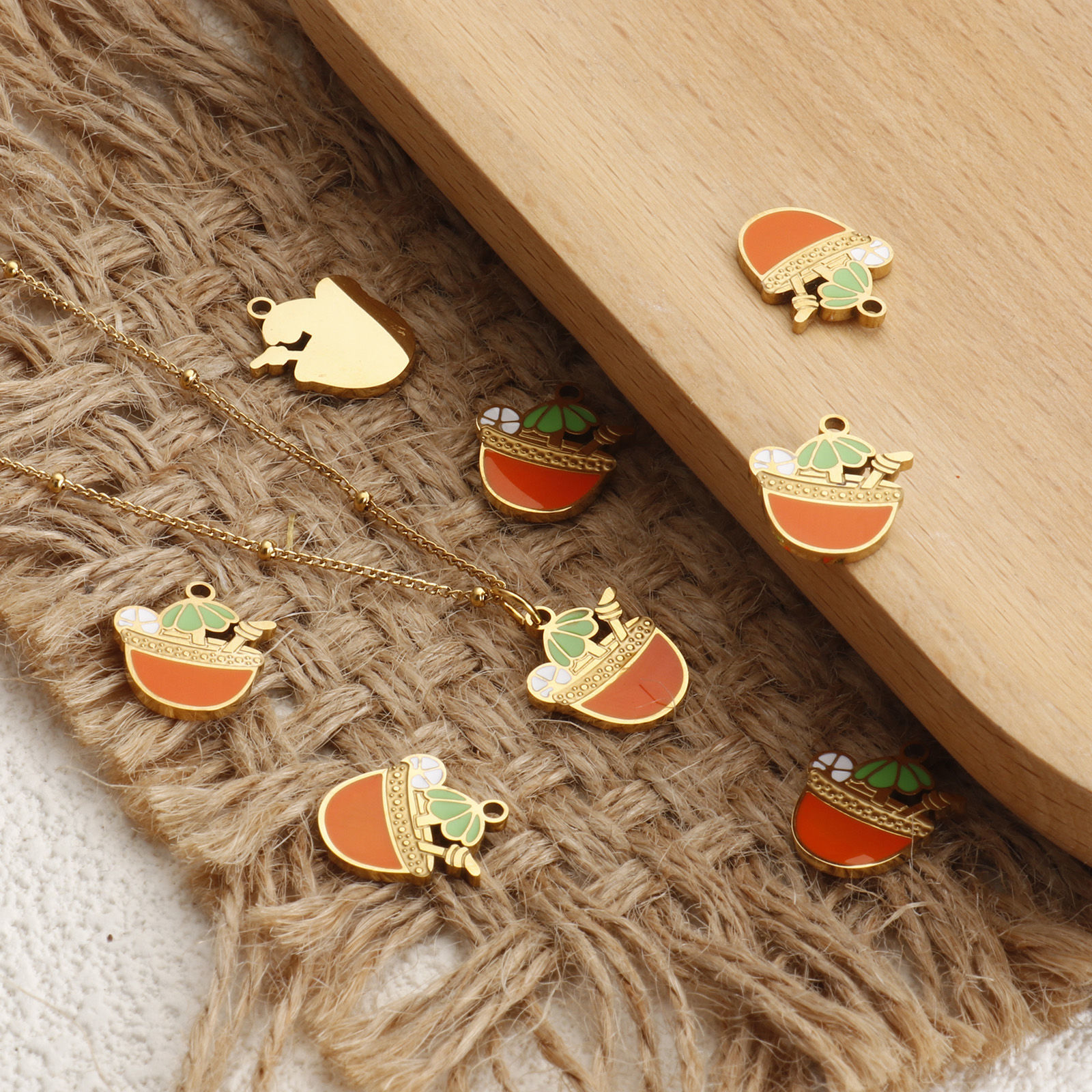 Picture of 1 Piece Eco-friendly PVD Vacuum Plating 304 Stainless Steel Charms 18K Gold Plated Multicolor Lemon Beverages Enamel 15mm x 13mm