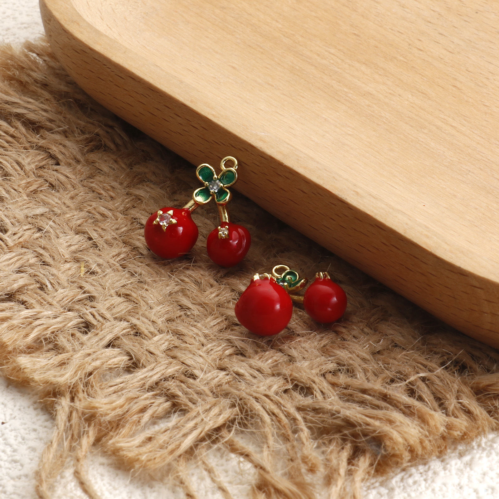 Picture of 1 Piece Brass Charms 18K Gold Plated Red & Green Enamel Cherry Fruit 3D Clear Cubic Zirconia 17.4mm x 17mm