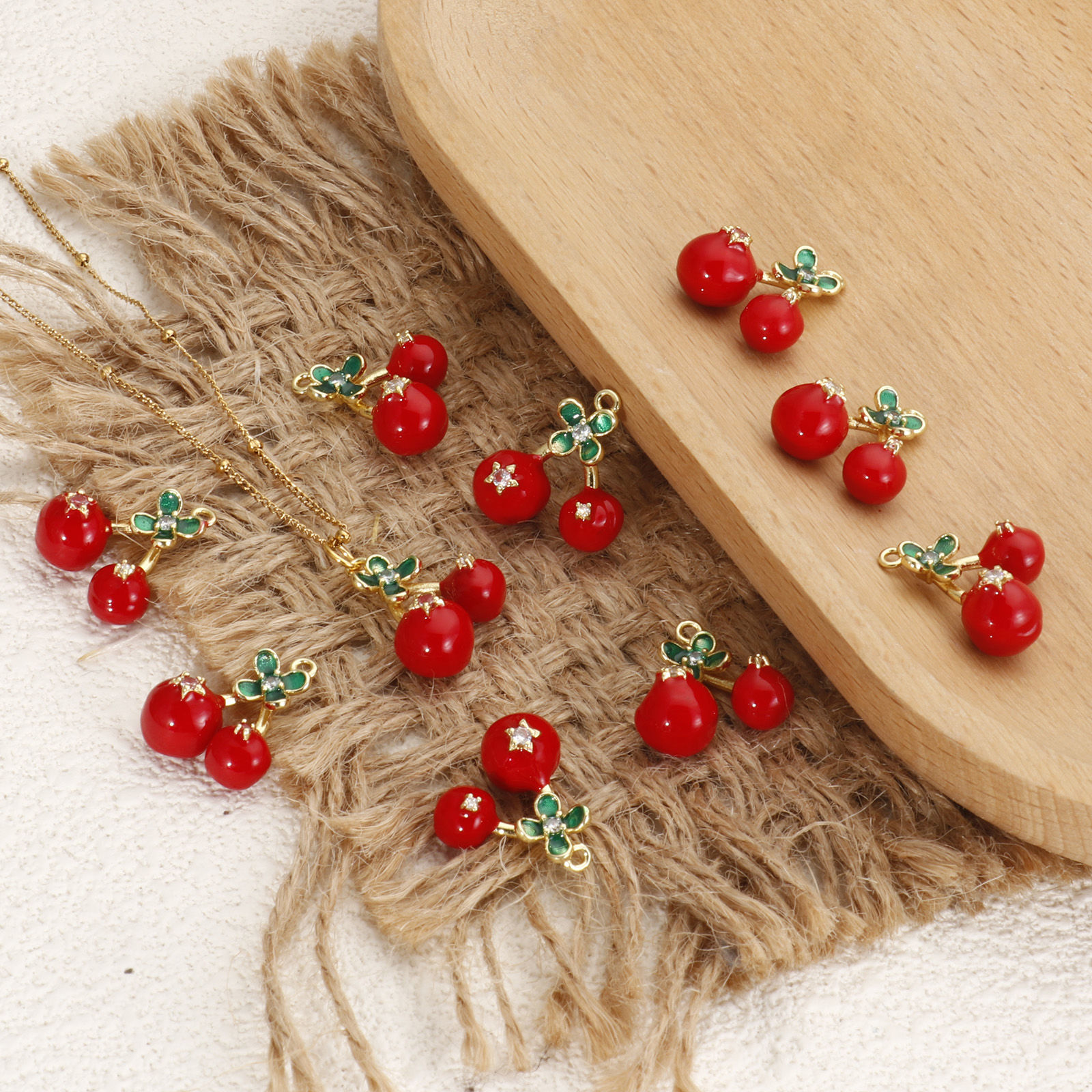 Picture of 1 Piece Brass Charms 18K Gold Plated Red & Green Enamel Cherry Fruit 3D Clear Cubic Zirconia 17.4mm x 17mm