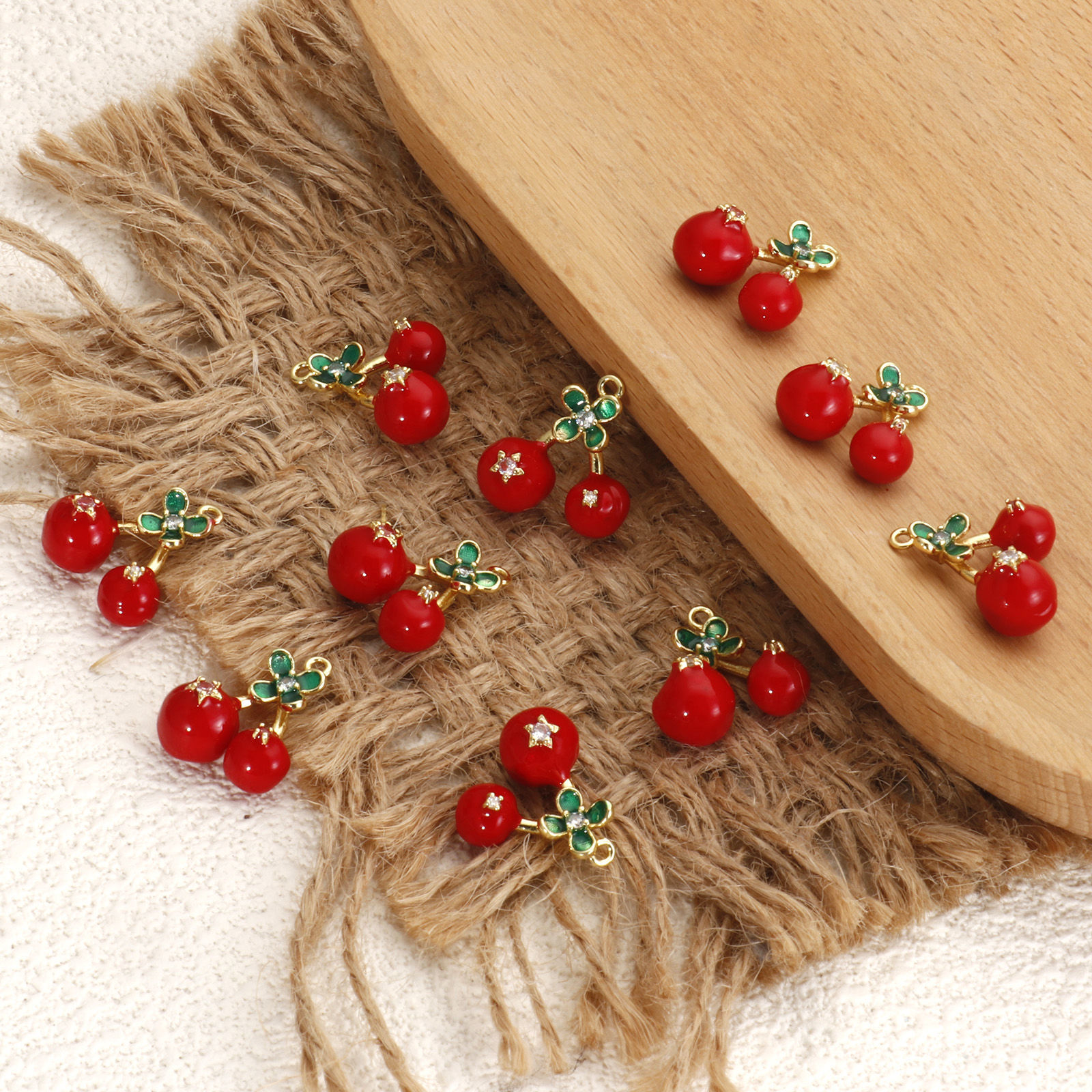 Picture of 1 Piece Brass Charms 18K Gold Plated Red & Green Enamel Cherry Fruit 3D Clear Cubic Zirconia 17.4mm x 17mm