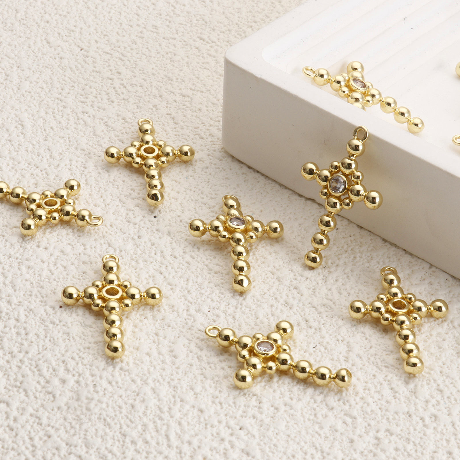 Picture of 1 Piece Brass Religious Charms 18K Gold Plated Cross Hollow Clear Cubic Zirconia 29mm x 19mm