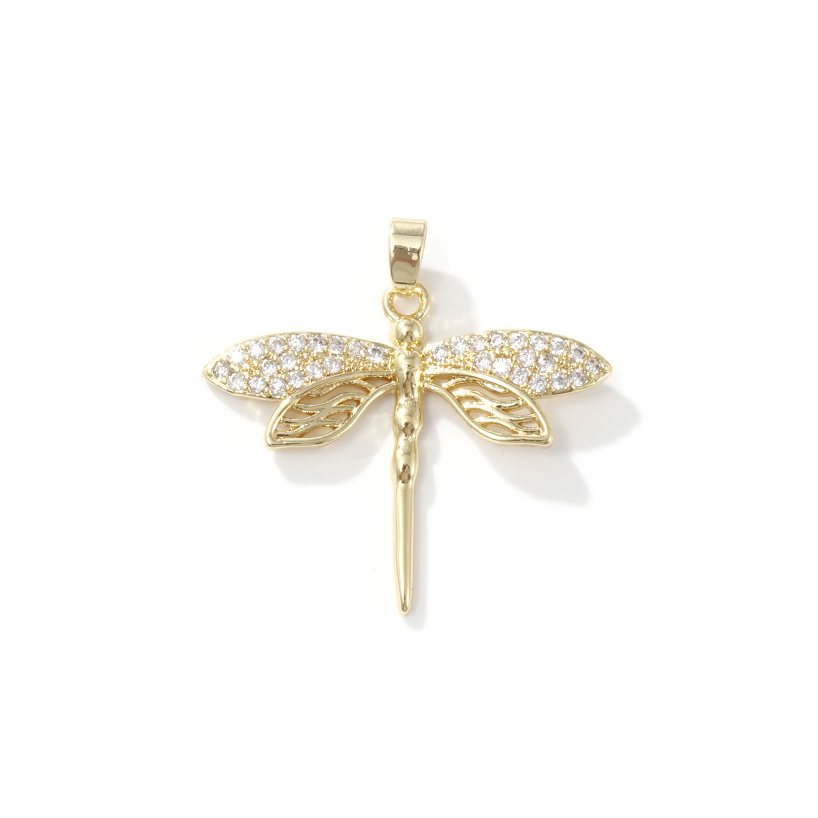 Picture of 2 PCs Brass Insect Charm Pendant 18K Gold Plated Dragonfly Animal Micro Pave Clear Cubic Zirconia 29mm x 29mm