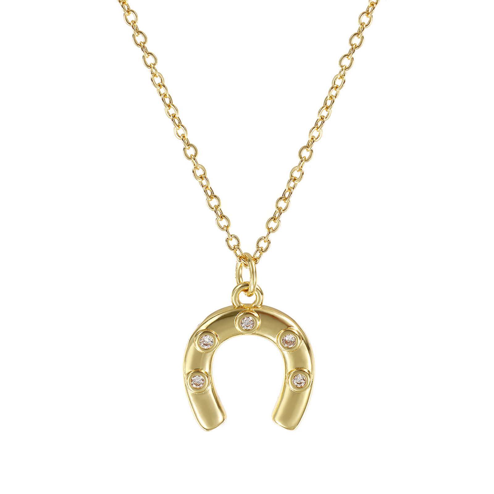 Imagen de 18K Oro Real Chapado Cadena de Cable Cruz Herradura Collar con Colgante, Latón & Acrílico 46cm + 6cm, Para Mujeres, Claro Circón Artificial Elegante Vaquero del Oeste Regalo, Respetuoso del Medio Ambiente, 1 Unidad